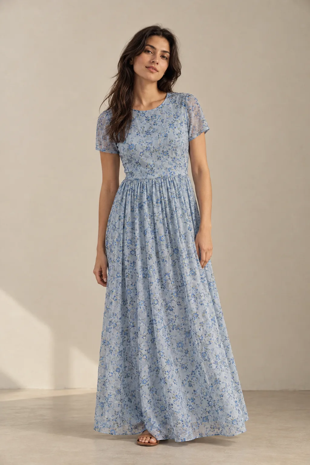 Pale blue floral printed cotton voile maxi dress