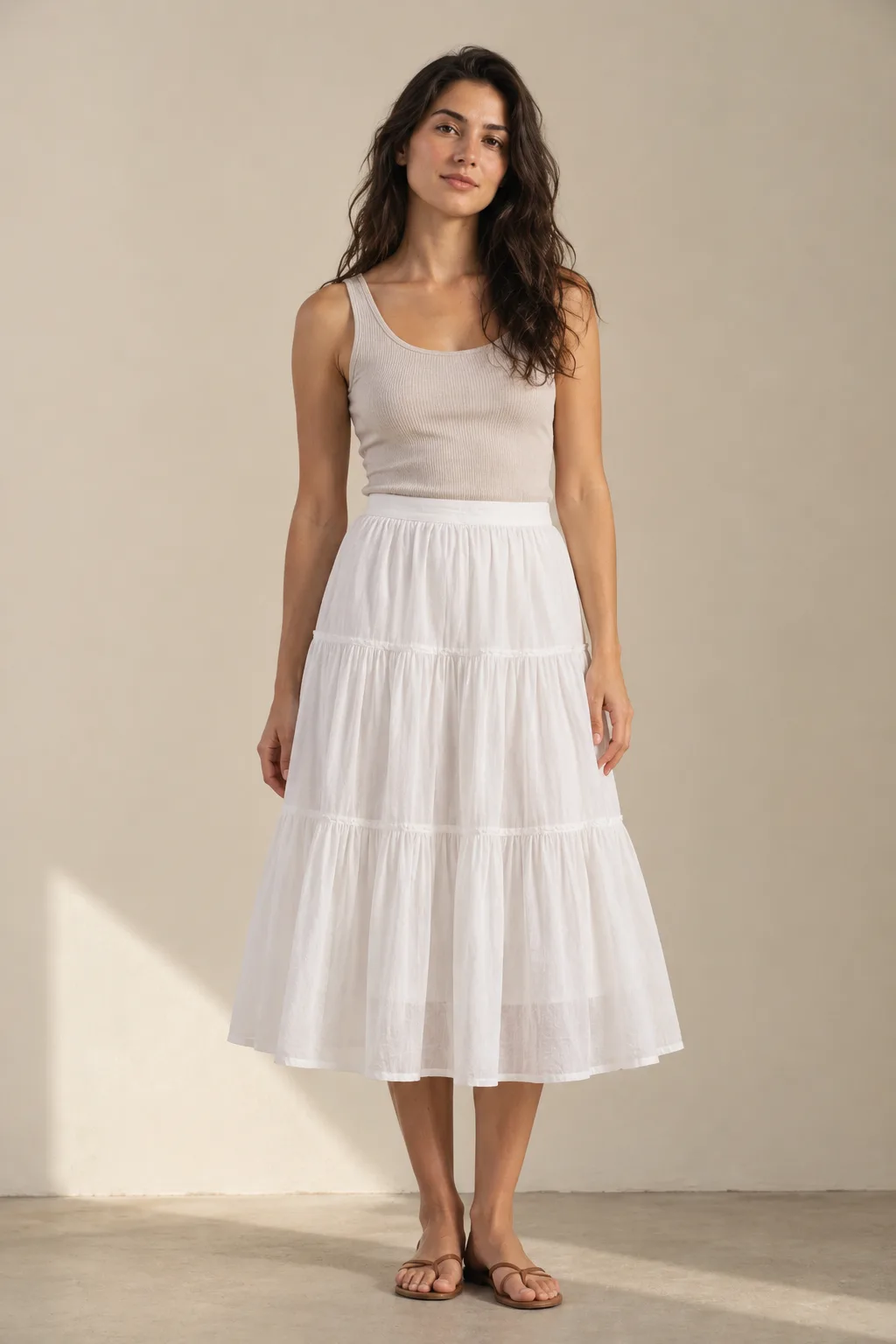White tiered cotton voile midi skirt