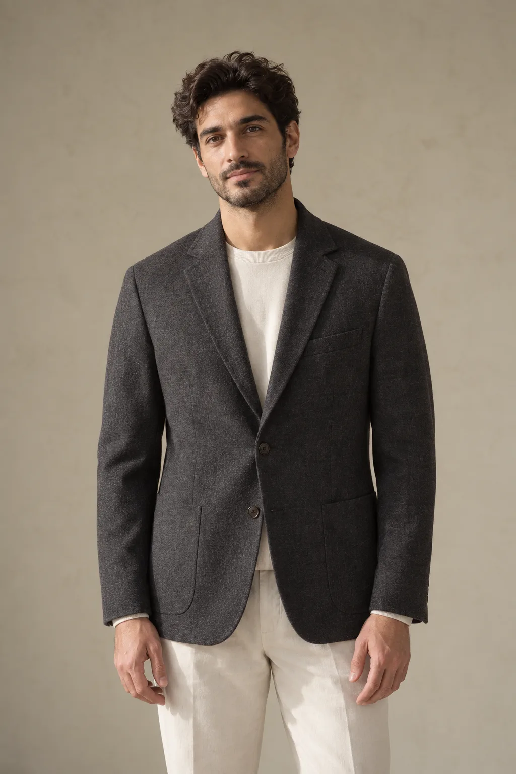 Man wearing a charcoal blazer with patch pockets