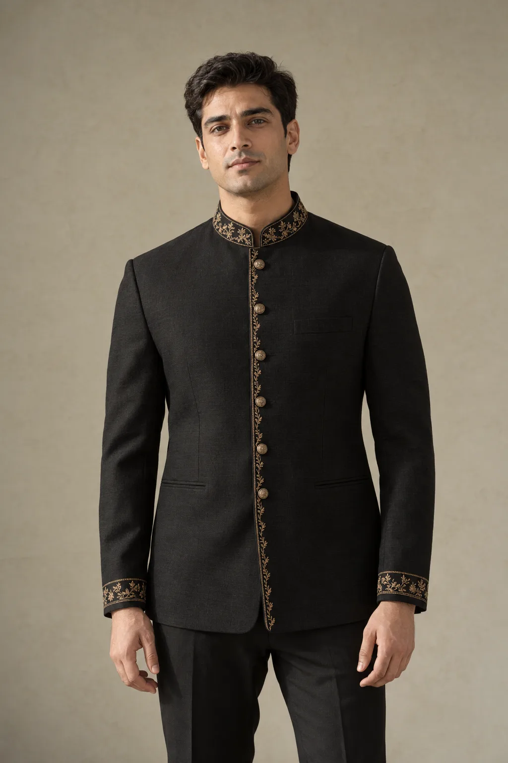 Black jacket with gold-coloured embroidery along the collar, front and cuffs
