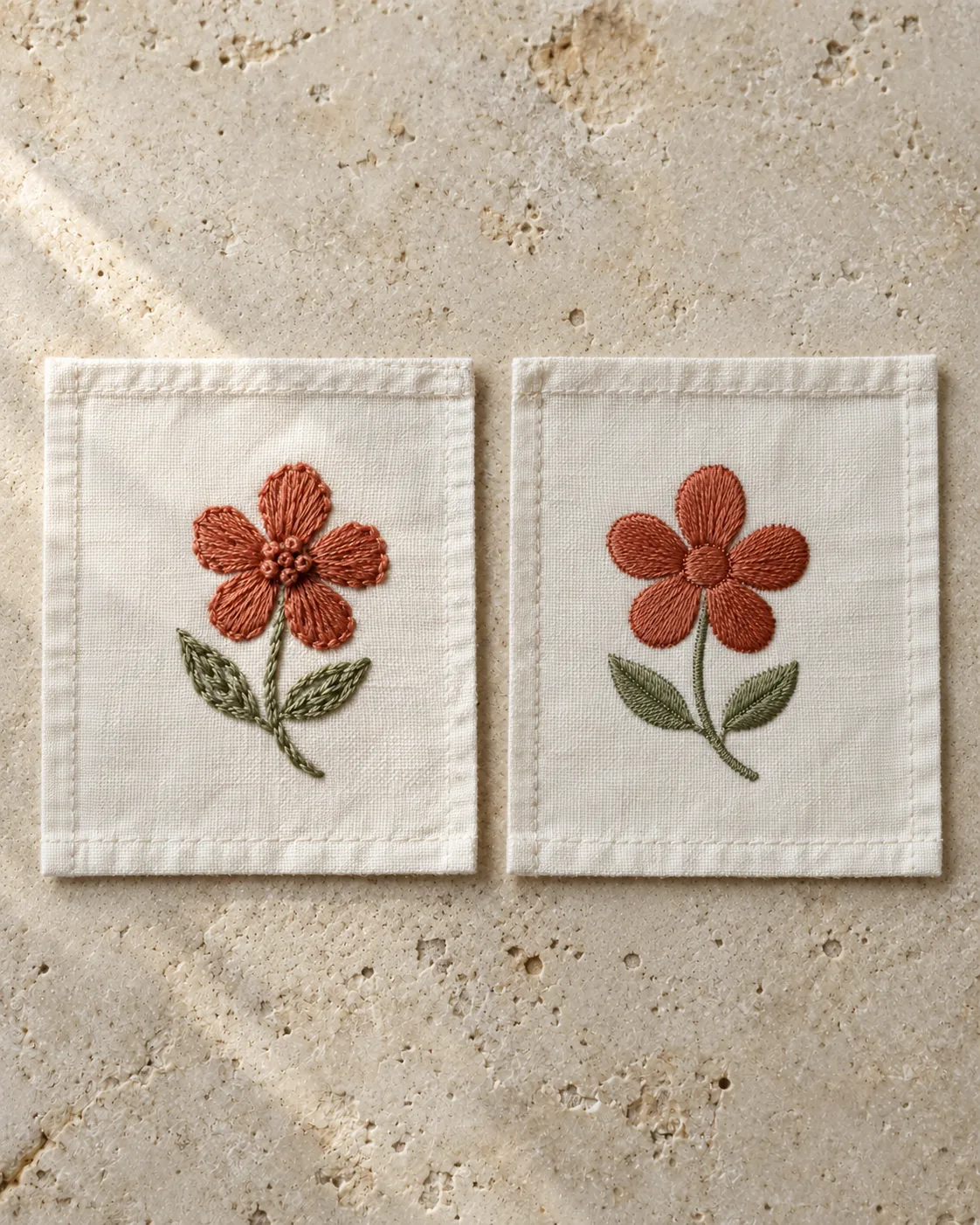 Terracotta flowers with sage leaves on two off-white cotton pieces, with knotted centres on the left and flat centres on the right