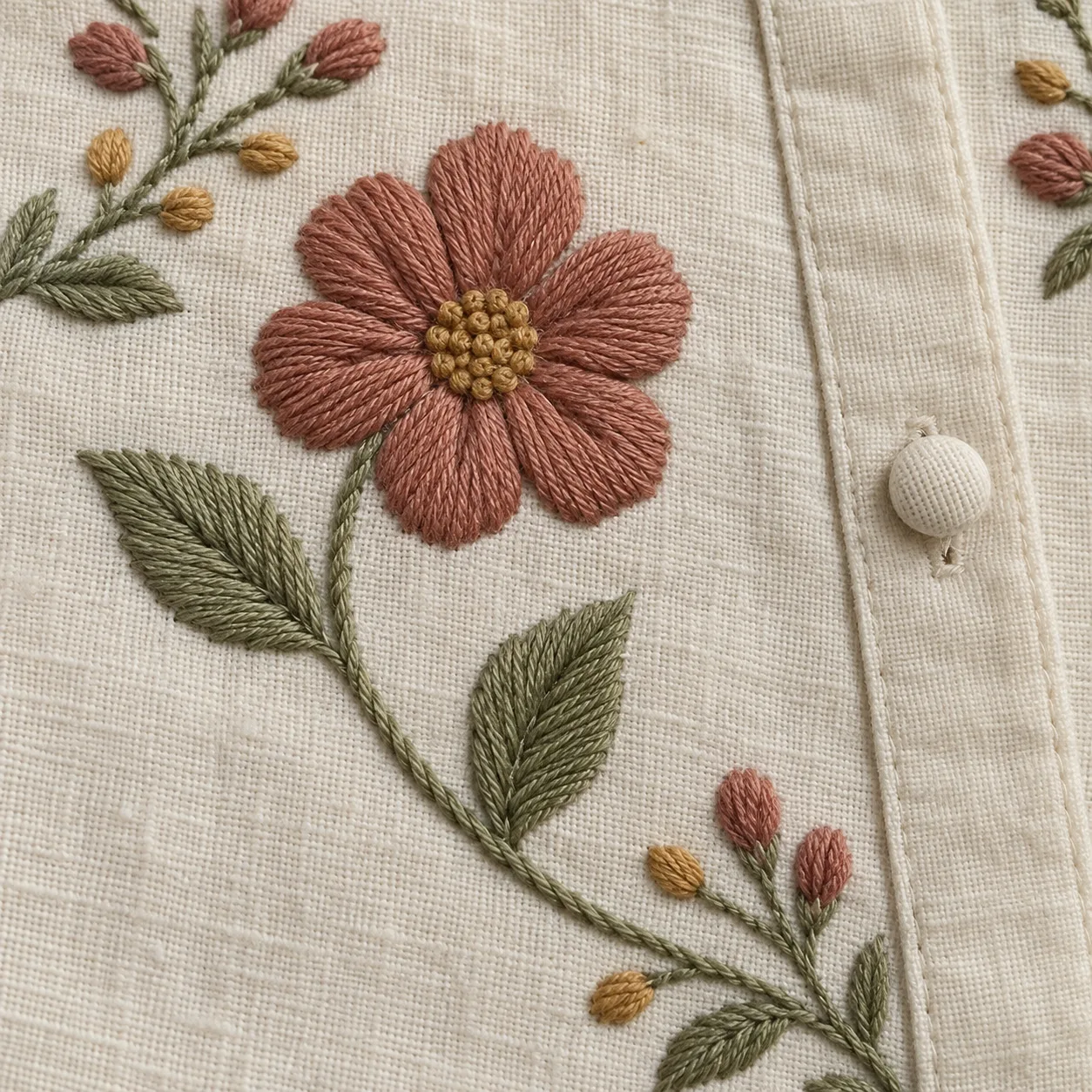 Enlarged rose flower with an ochre knotted centre and sage stitched leaves beside an ecru linen kurta placket