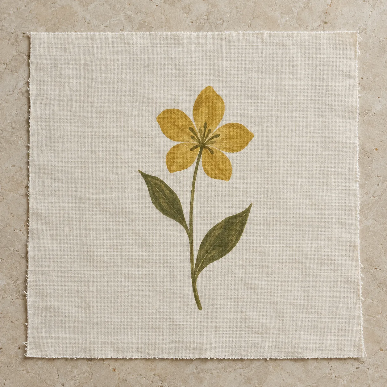 Yellow flower with green leaves painted on a square of ecru cotton