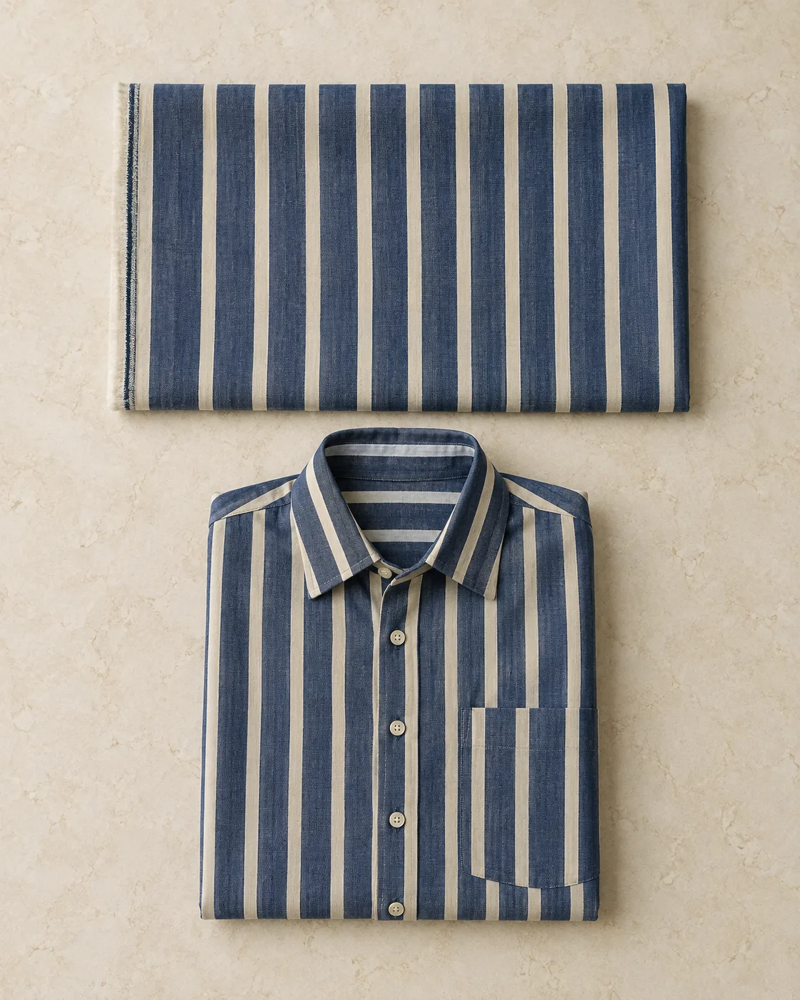 Indigo and ivory striped cloth above a folded shirt in the same fabric, with a button placket and chest pocket