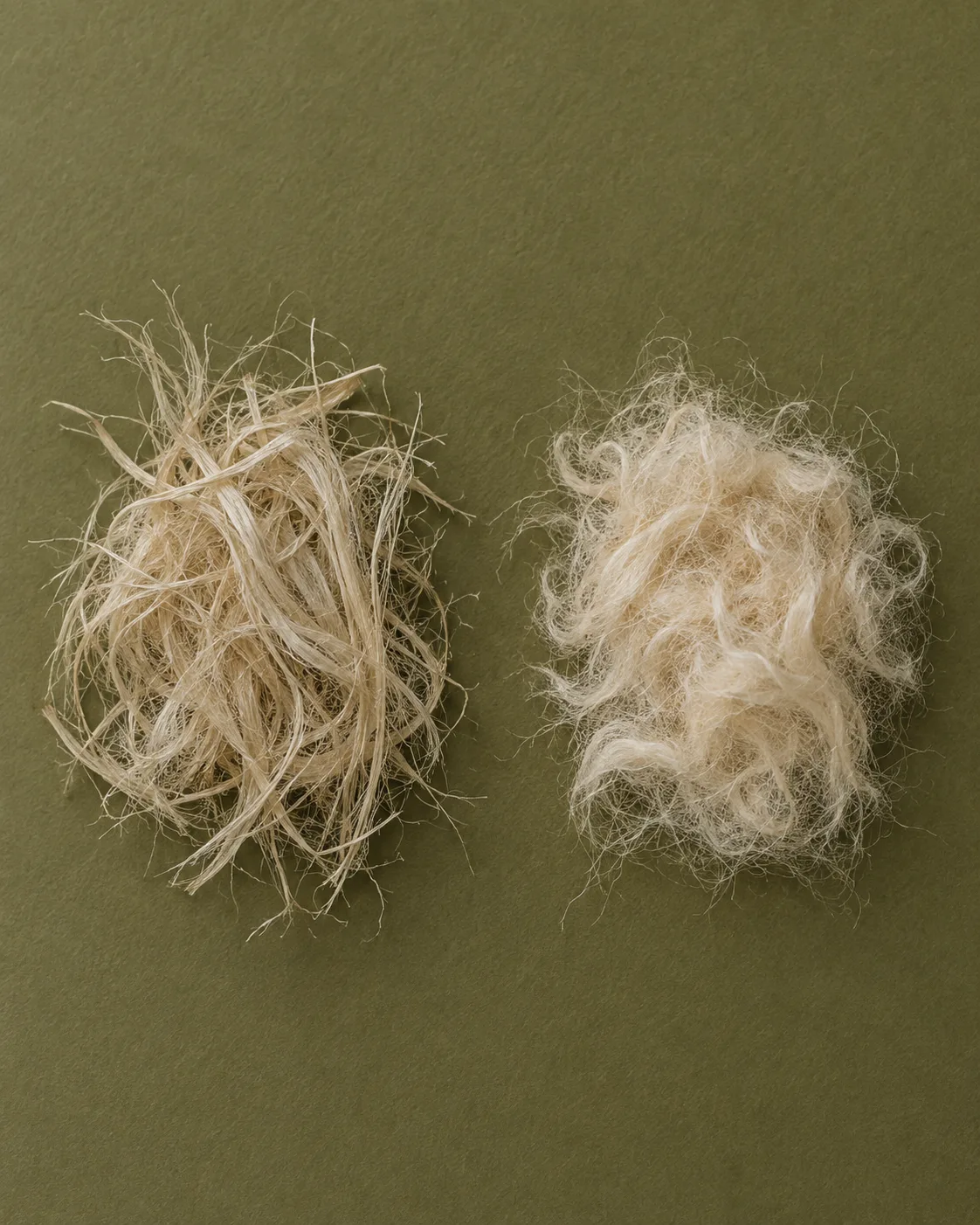 Coarse hemp strands on the left beside finer cotton strands on the right