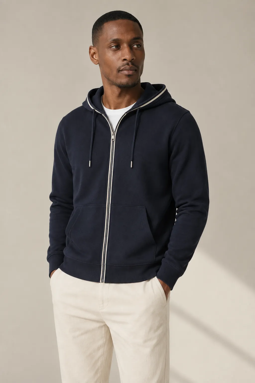 Hoodies sweatshirts man navy zip through contrast tape