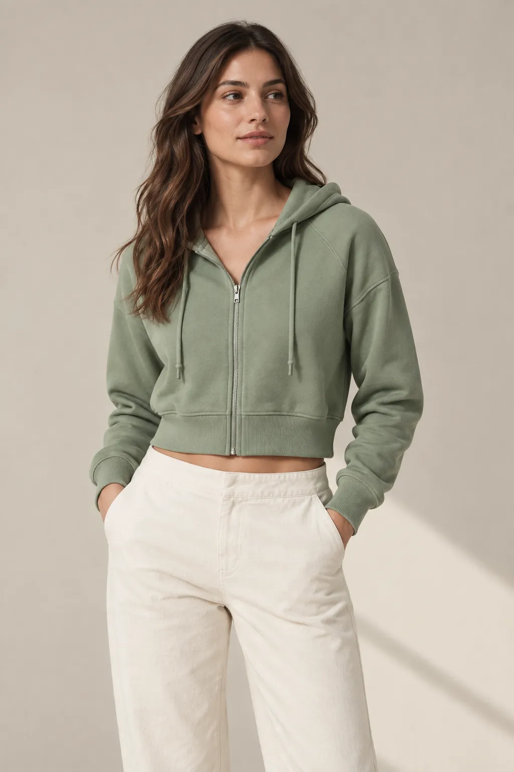 Hoodies sweatshirts woman sage cropped zip