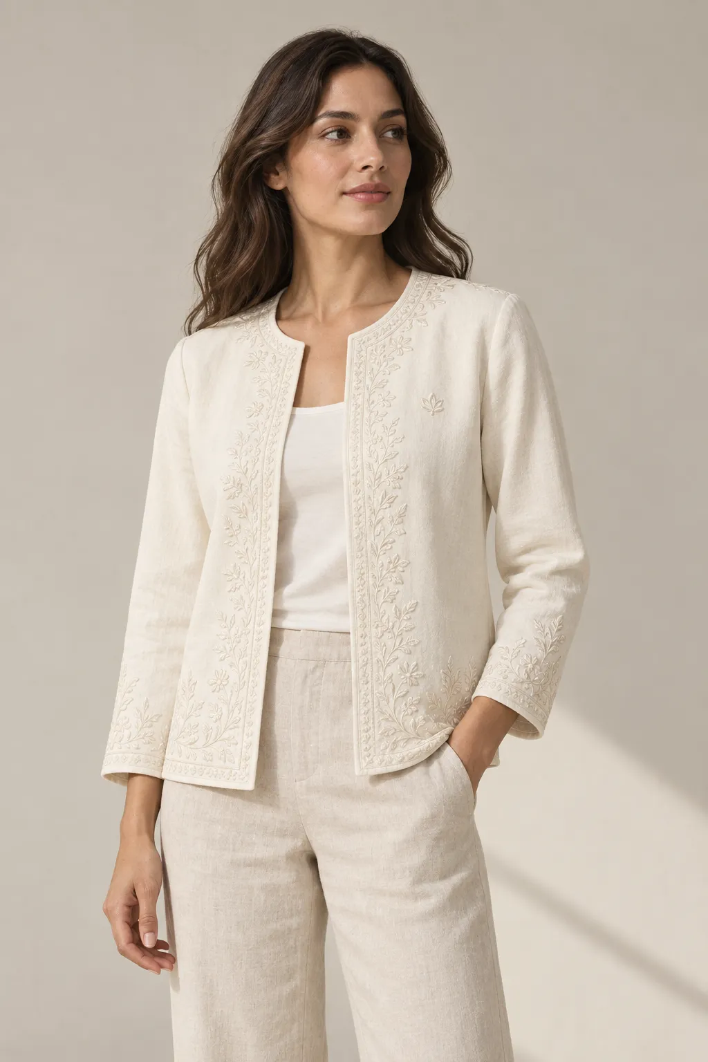 Jackets woman ivory embroidered open front