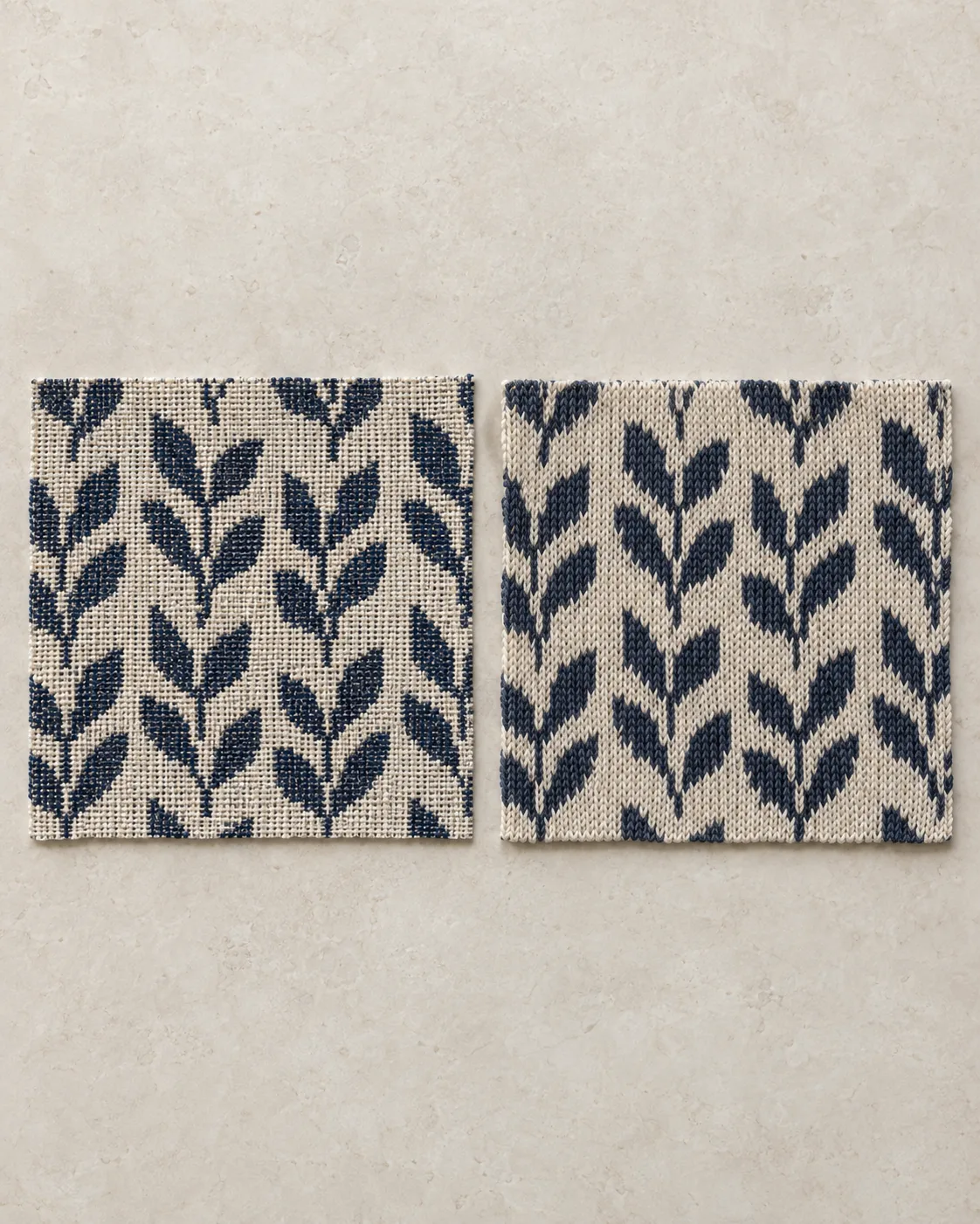 Indigo and ecru leaf-pattern jacquard swatches, woven on the left and knitted on the right