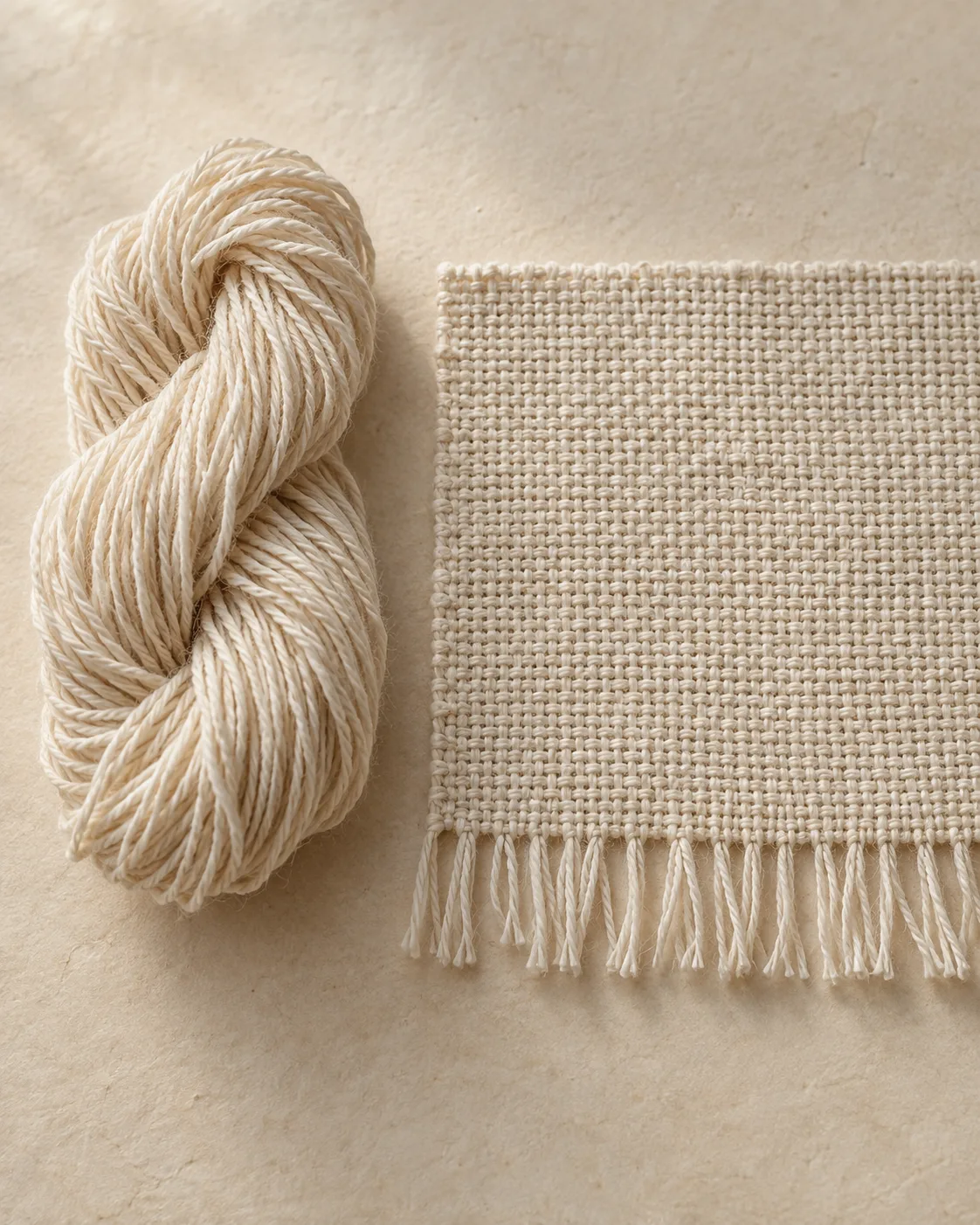 Ecru yarn skein beside a plain-weave cloth swatch with a fringed edge