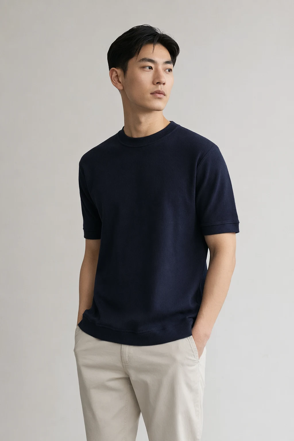 Knits man navy fine rib knit t