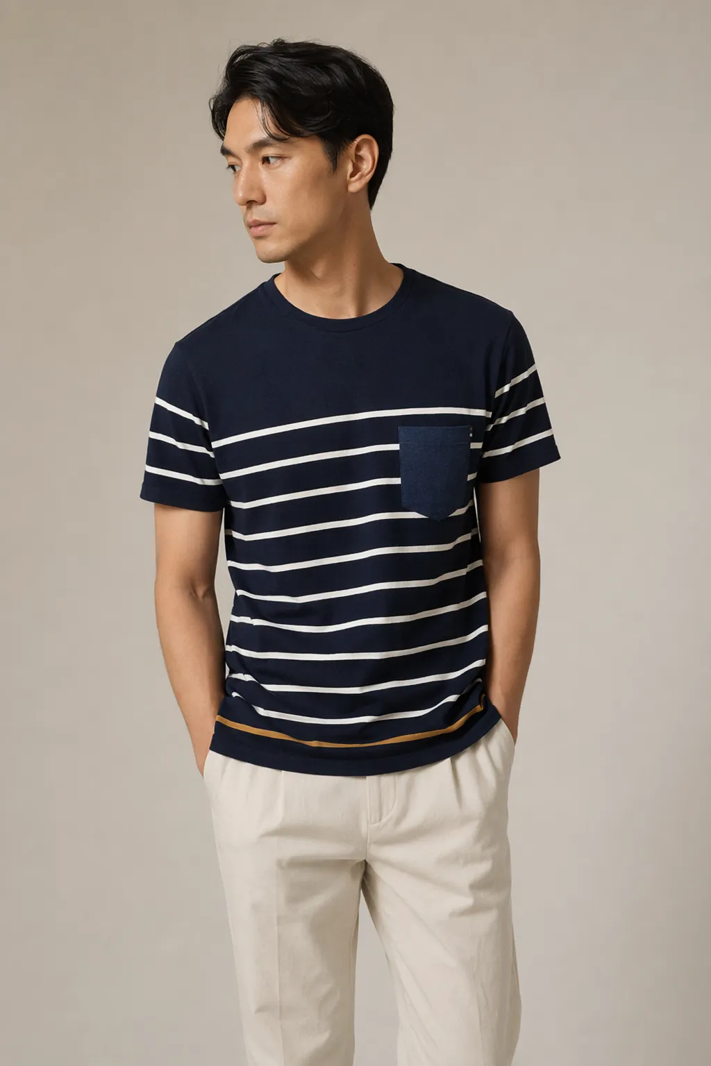 Knits man navy stripe pocket tee