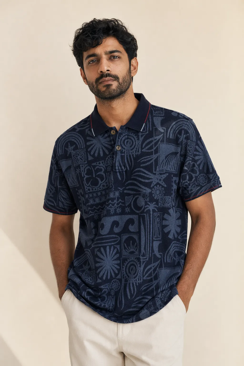 Knits man navy tribal print polo