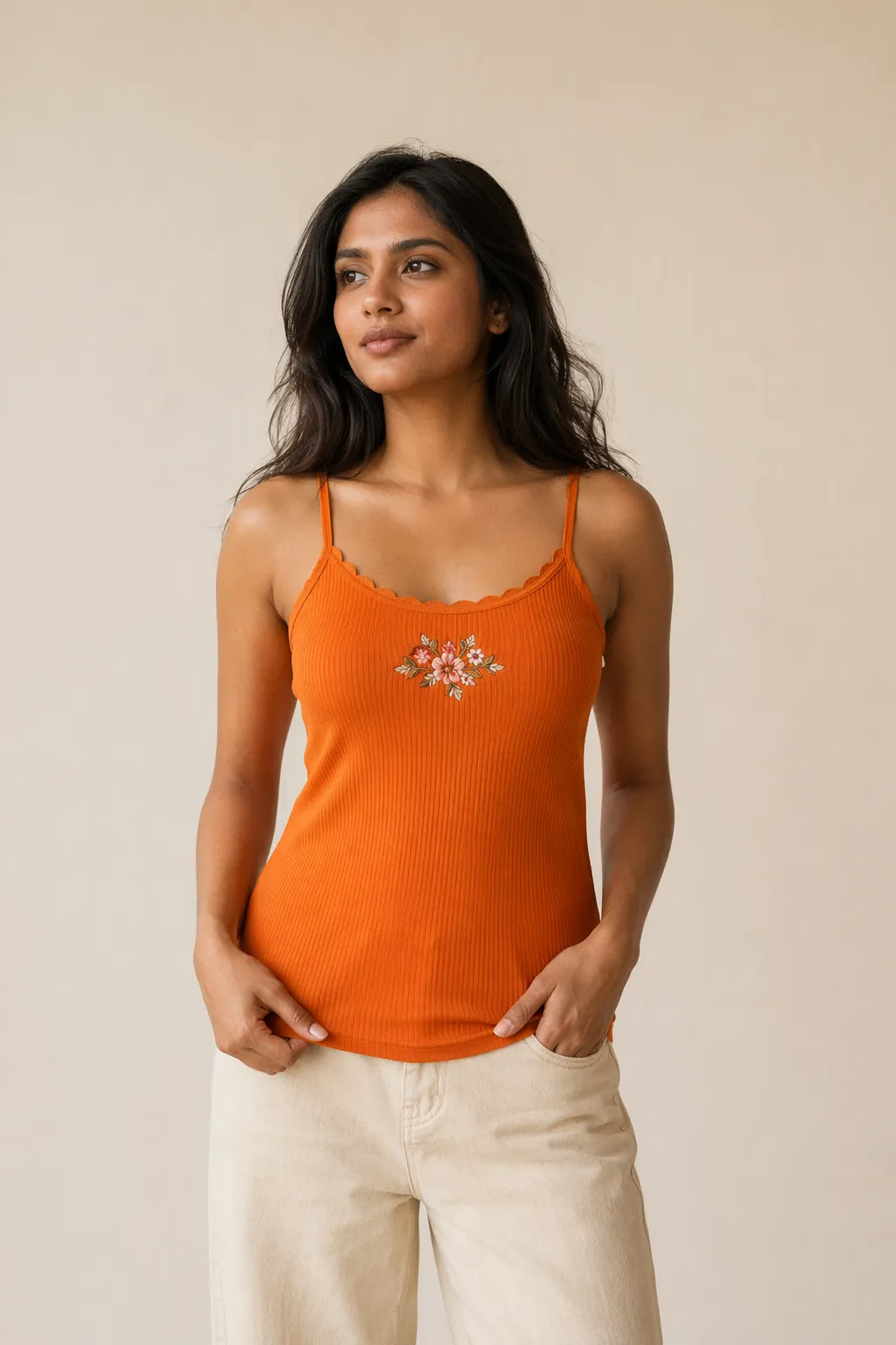 Knits woman bright orange cotton ribbed cami