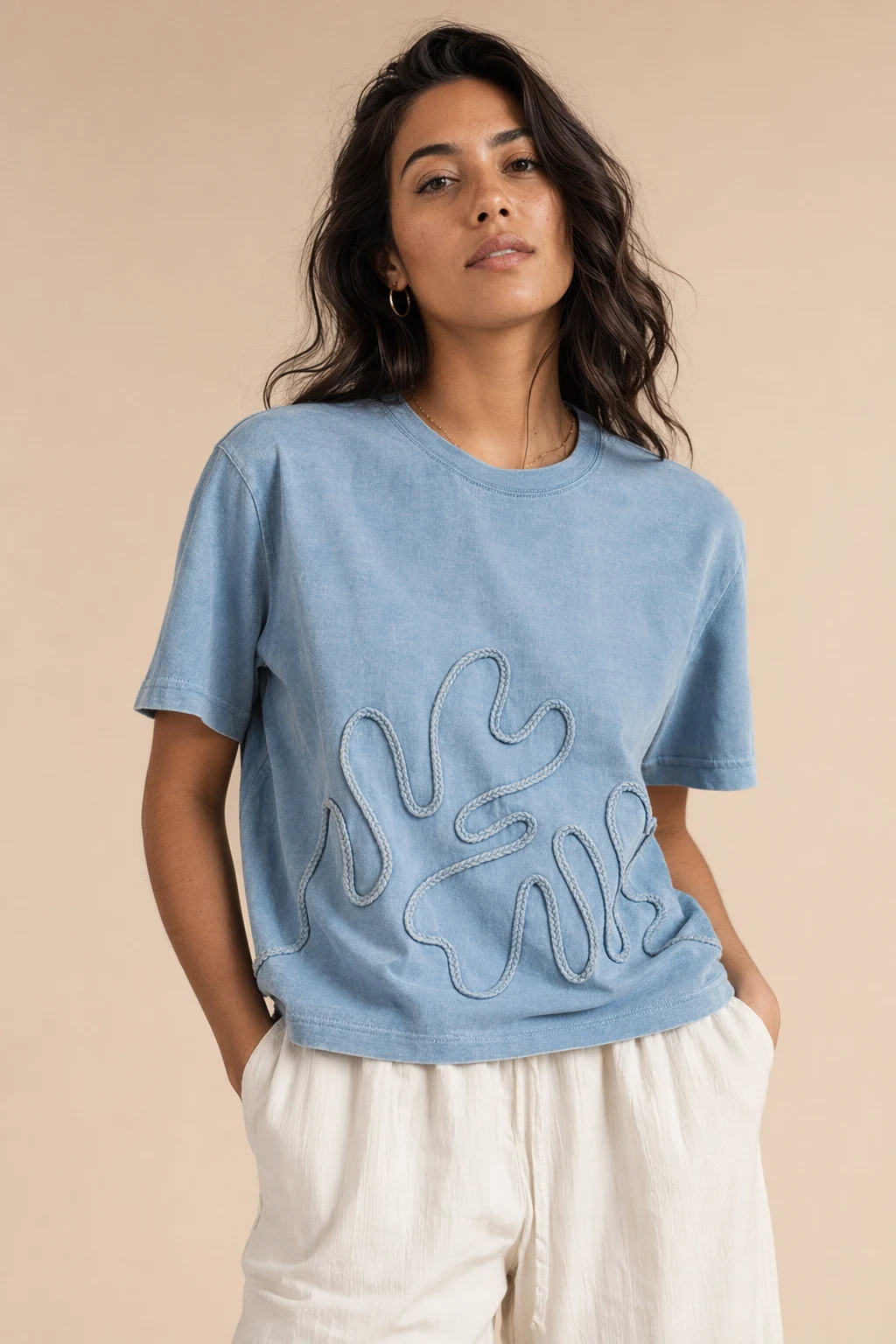 Knits woman washed blue cotton tee cord