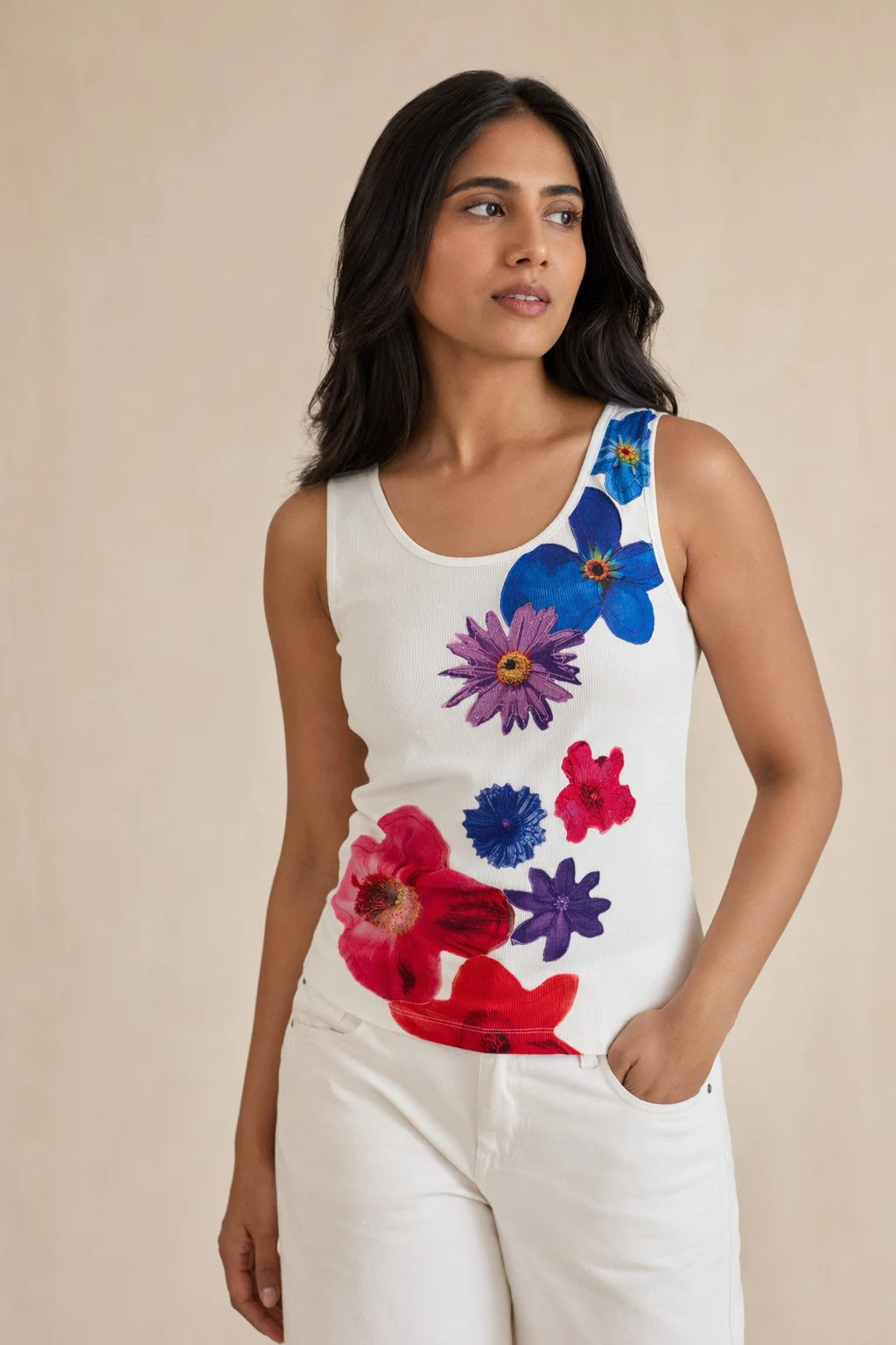 Knits woman white ribbed cotton tank top