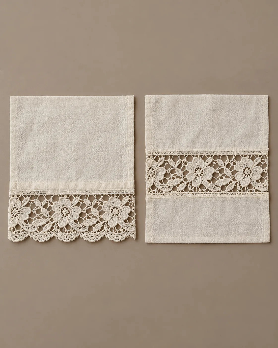 Ivory lace attached along a woven hem on the left and between two woven fabric sections on the right