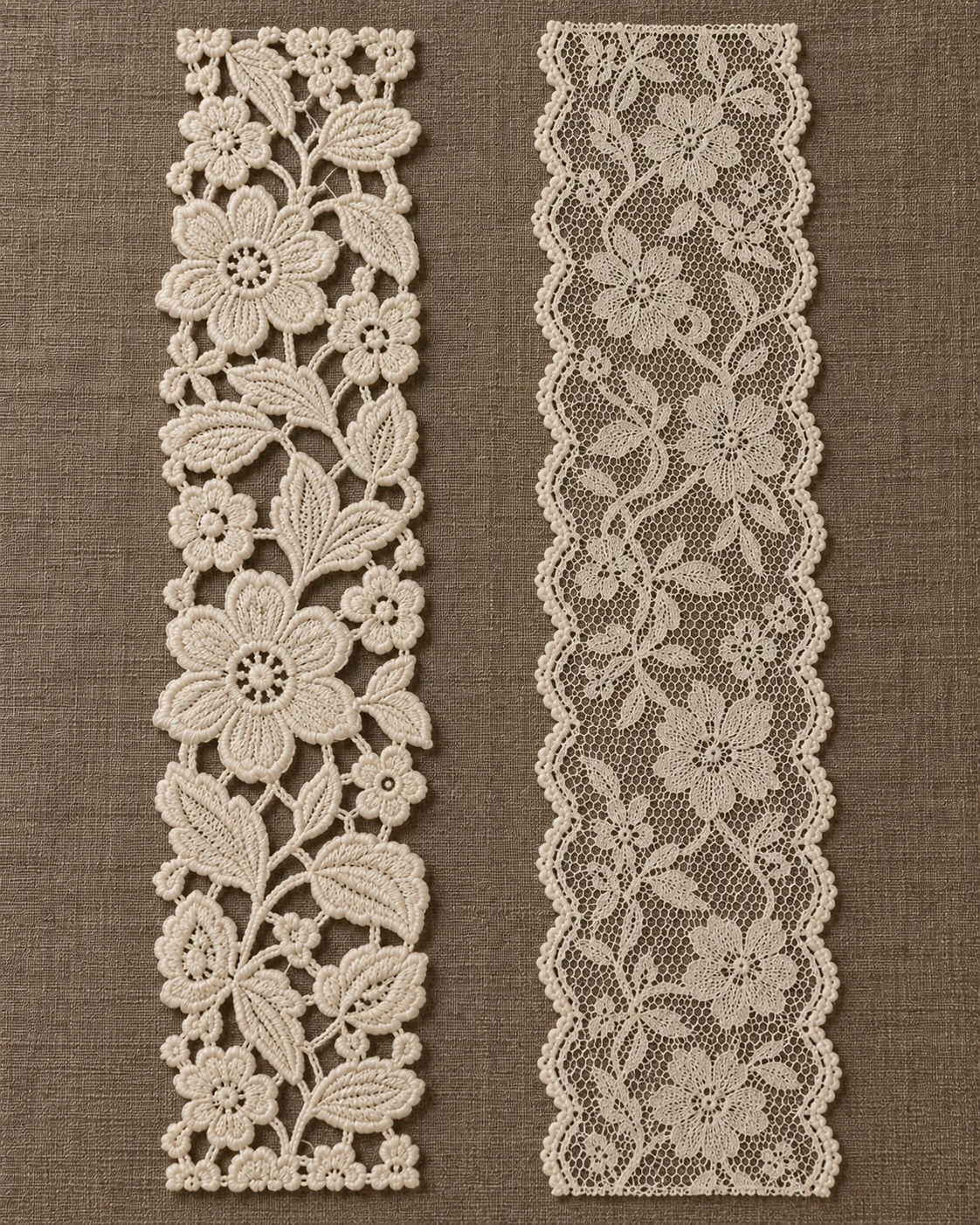 Ivory lace strips: floral motifs joined by bridges on the left and flowers on a net ground on the right