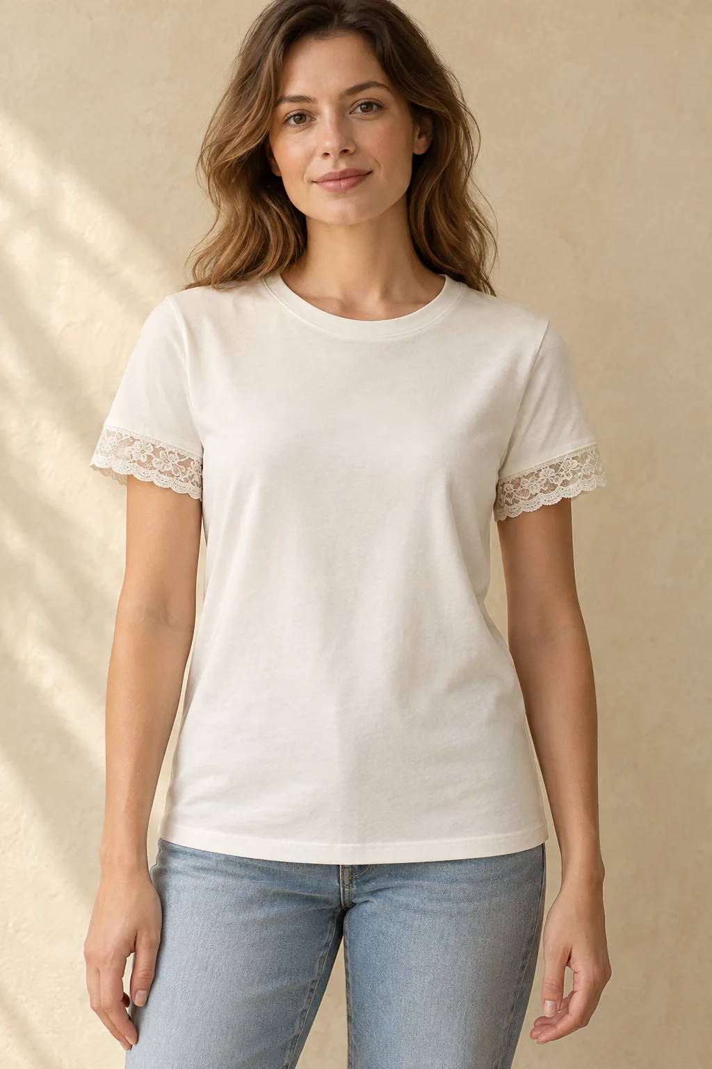 Ivory crew-neck jersey T-shirt with floral lace on both sleeves