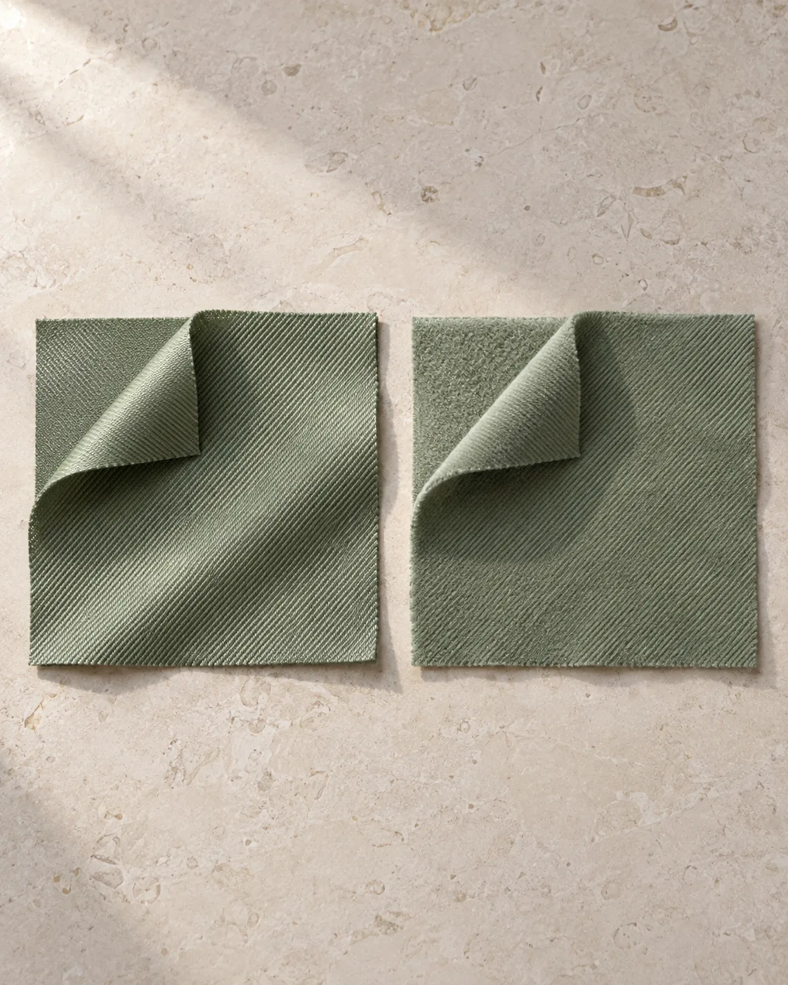 Two sage lyocell twill swatches, smooth on the left and peach-skin on the right