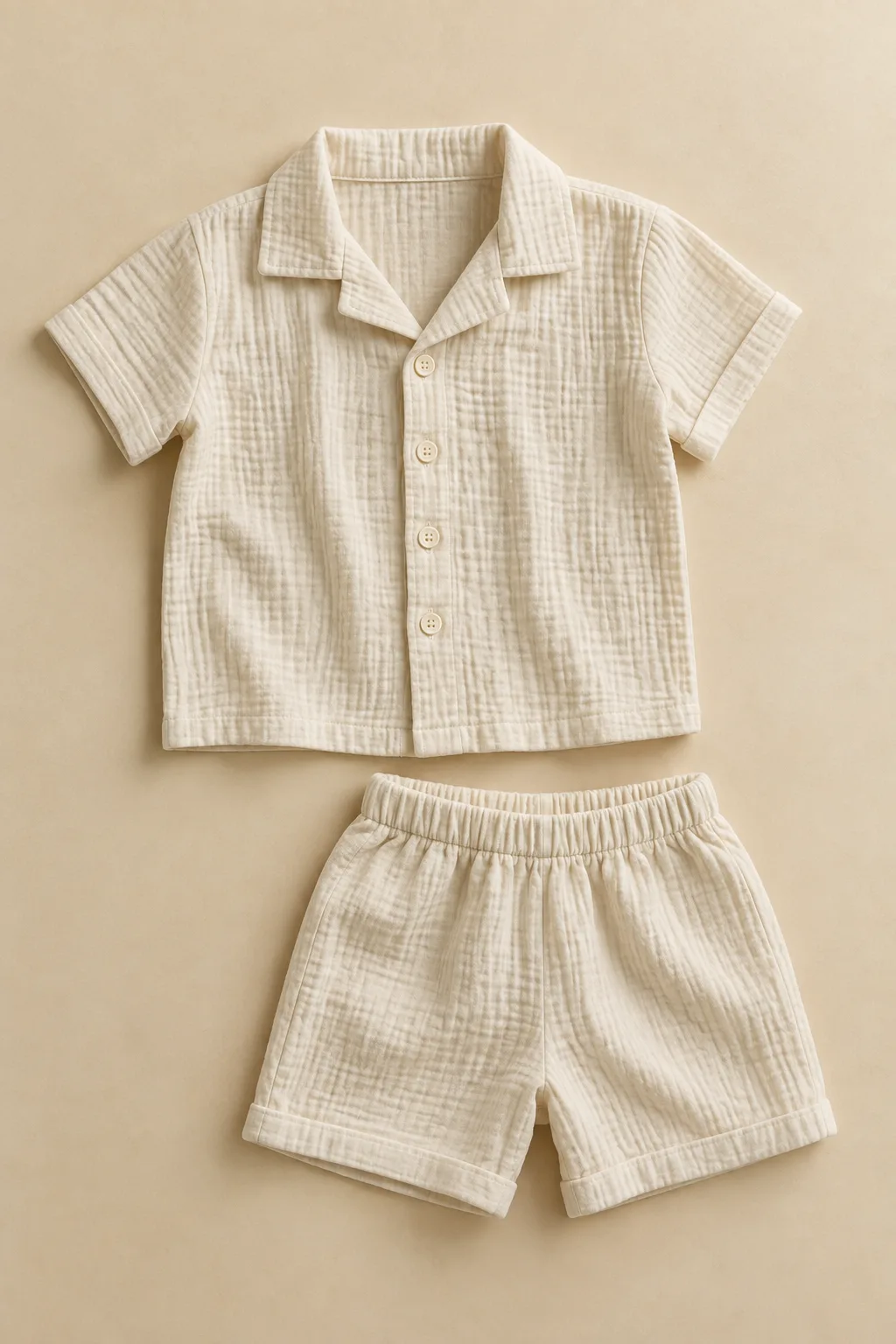 Ecru double-gauze baby shirt and elastic-waist shorts