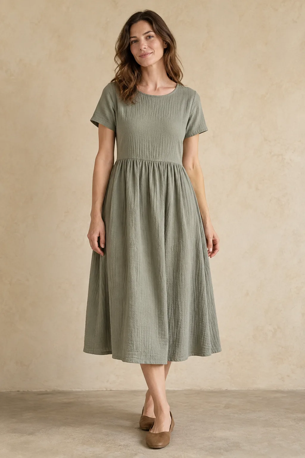 Sage double-gauze dress with short sleeves and a gathered skirt