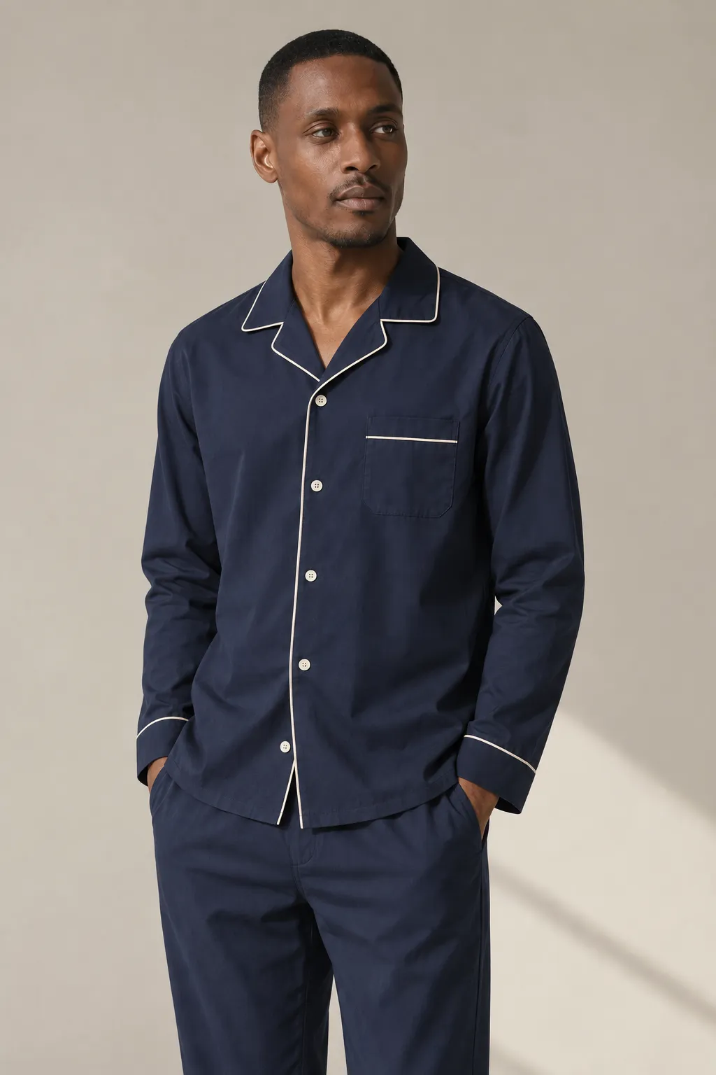 Nightwear man navy poplin piped set