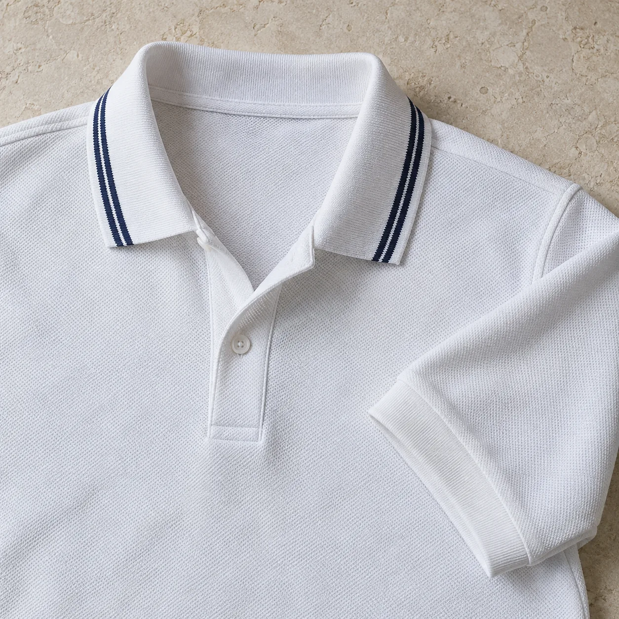 White piqué polo with an attached knitted collar tipped with two navy stripes and a folded sleeve with a plain white cuff