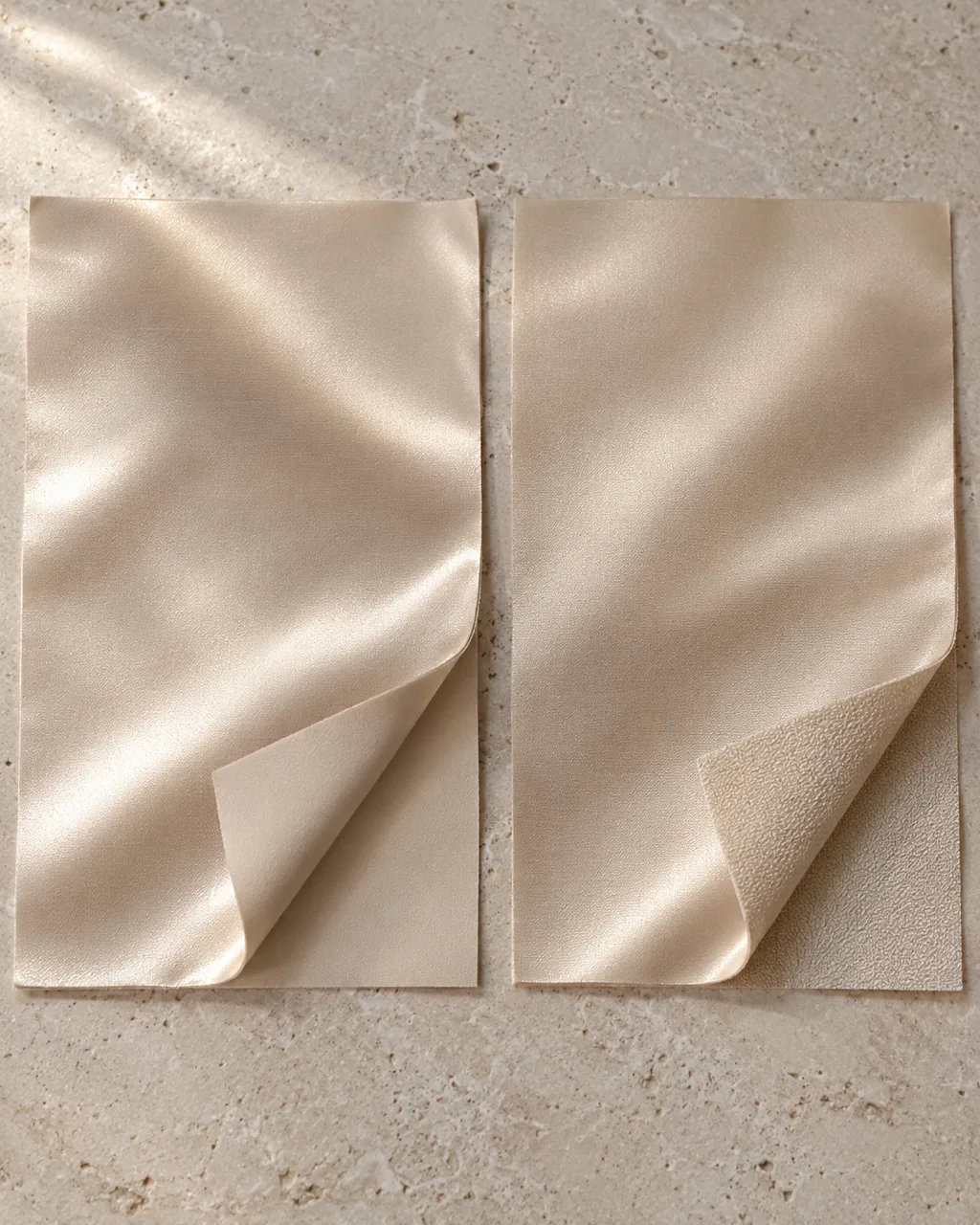 Champagne satin on the left and crepe-back satin on the right, with corners folded back to show the reverse
