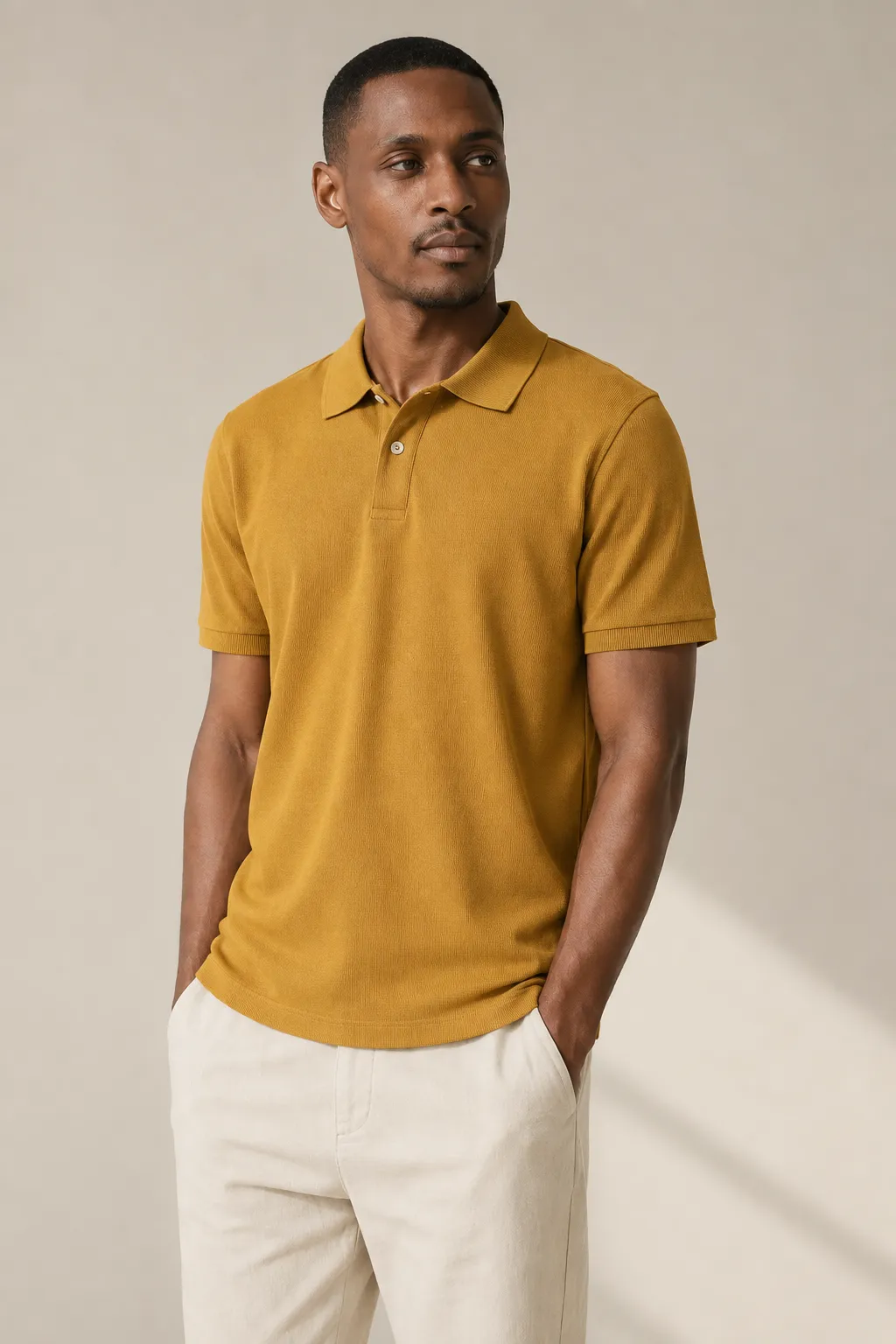 Polo shirts man mustard textured rib collar