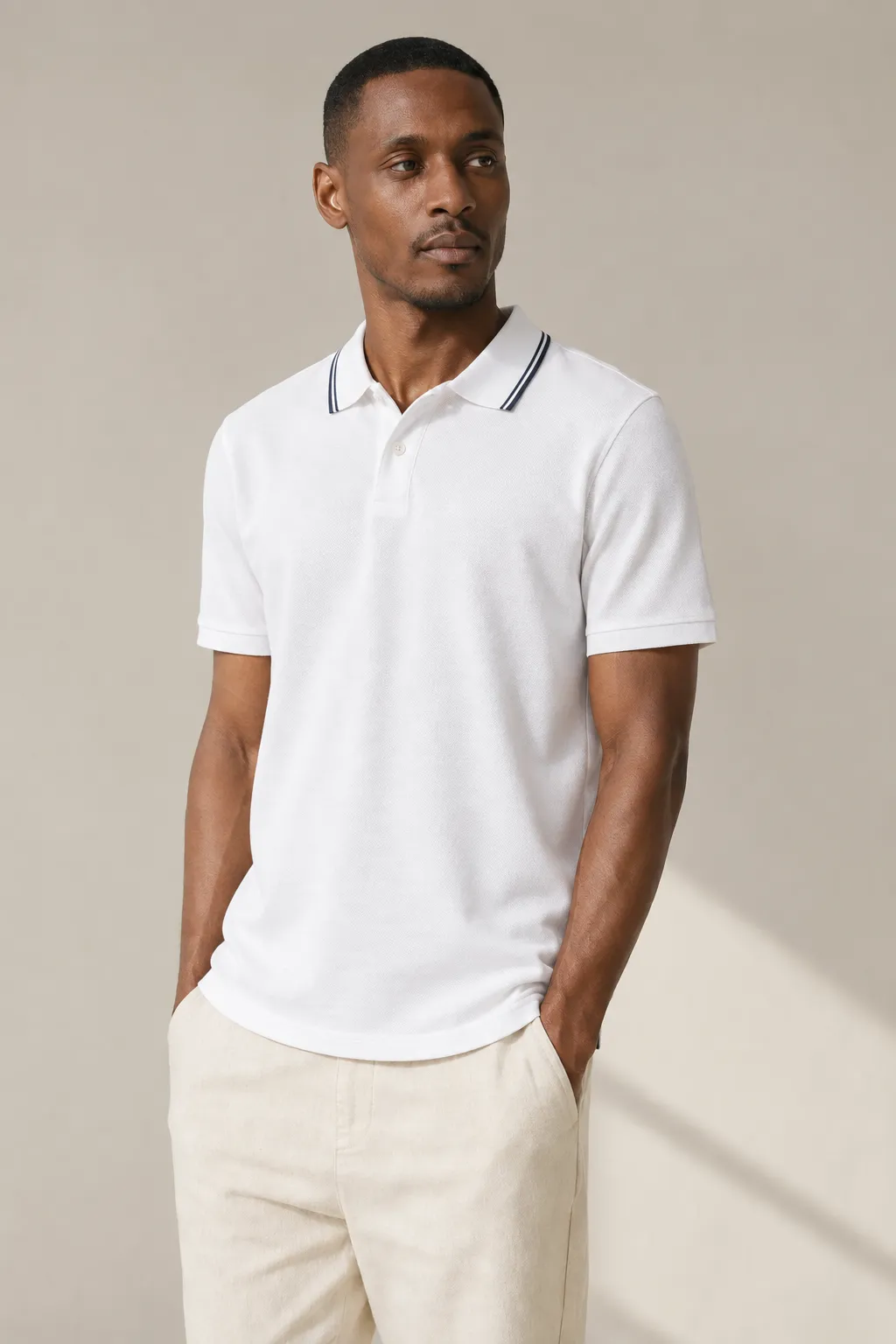 Polo shirts man white pique tipped collar
