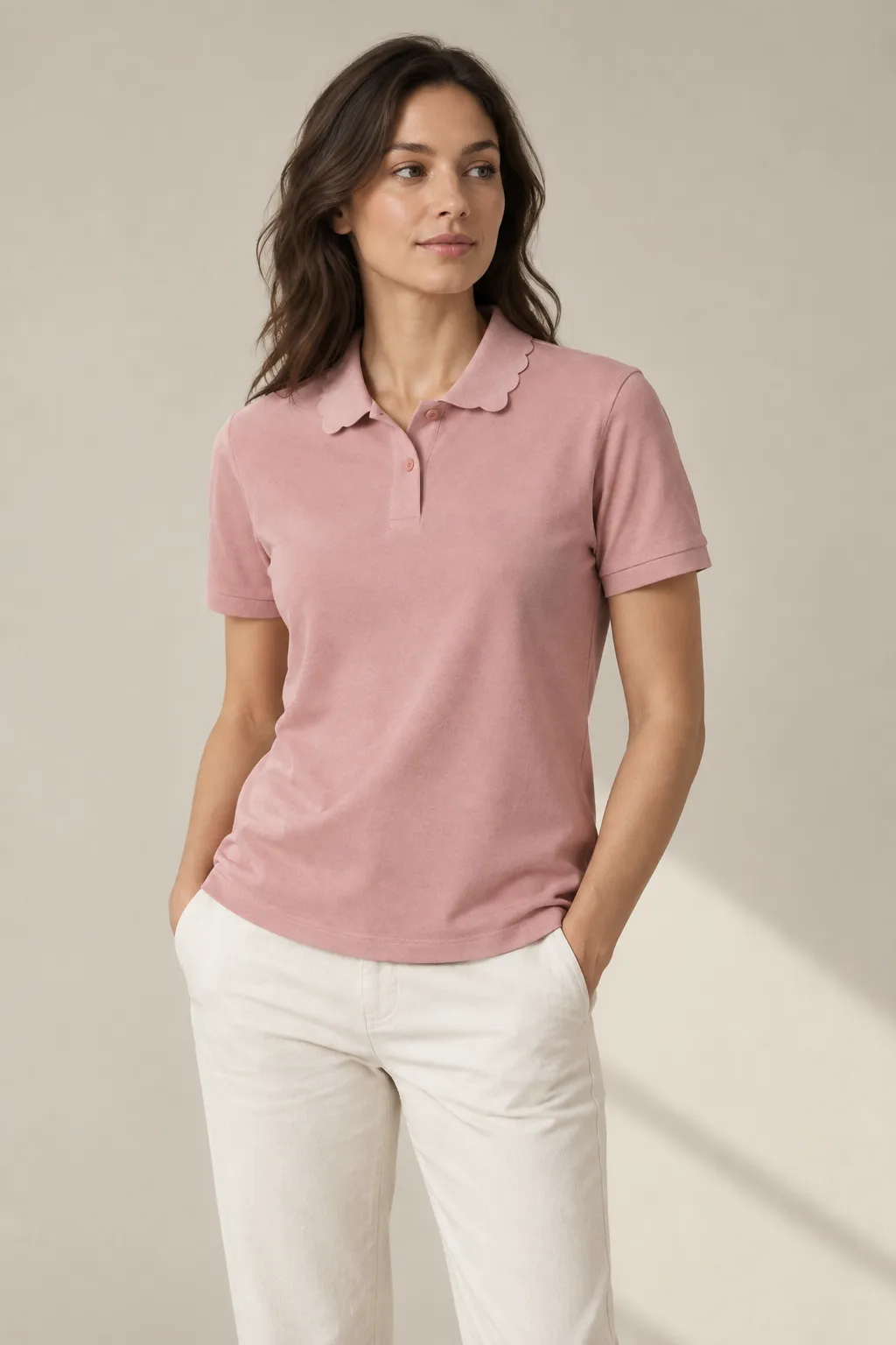 Polo shirts woman dusty pink scalloped collar