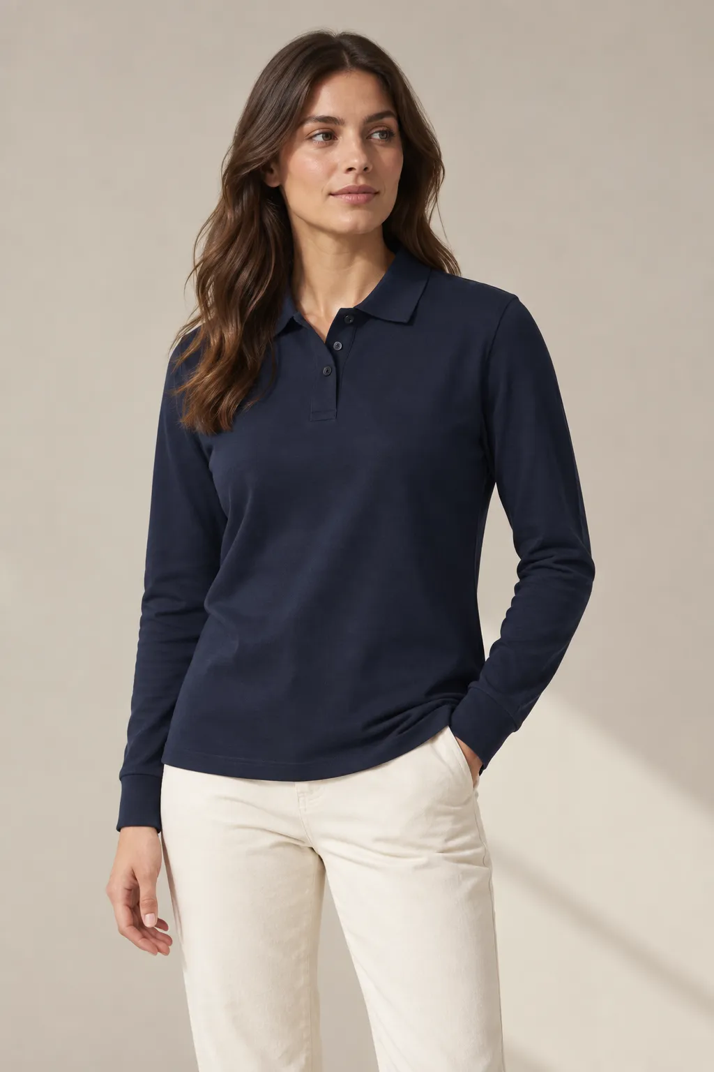 Polo shirts woman navy long sleeve interlock