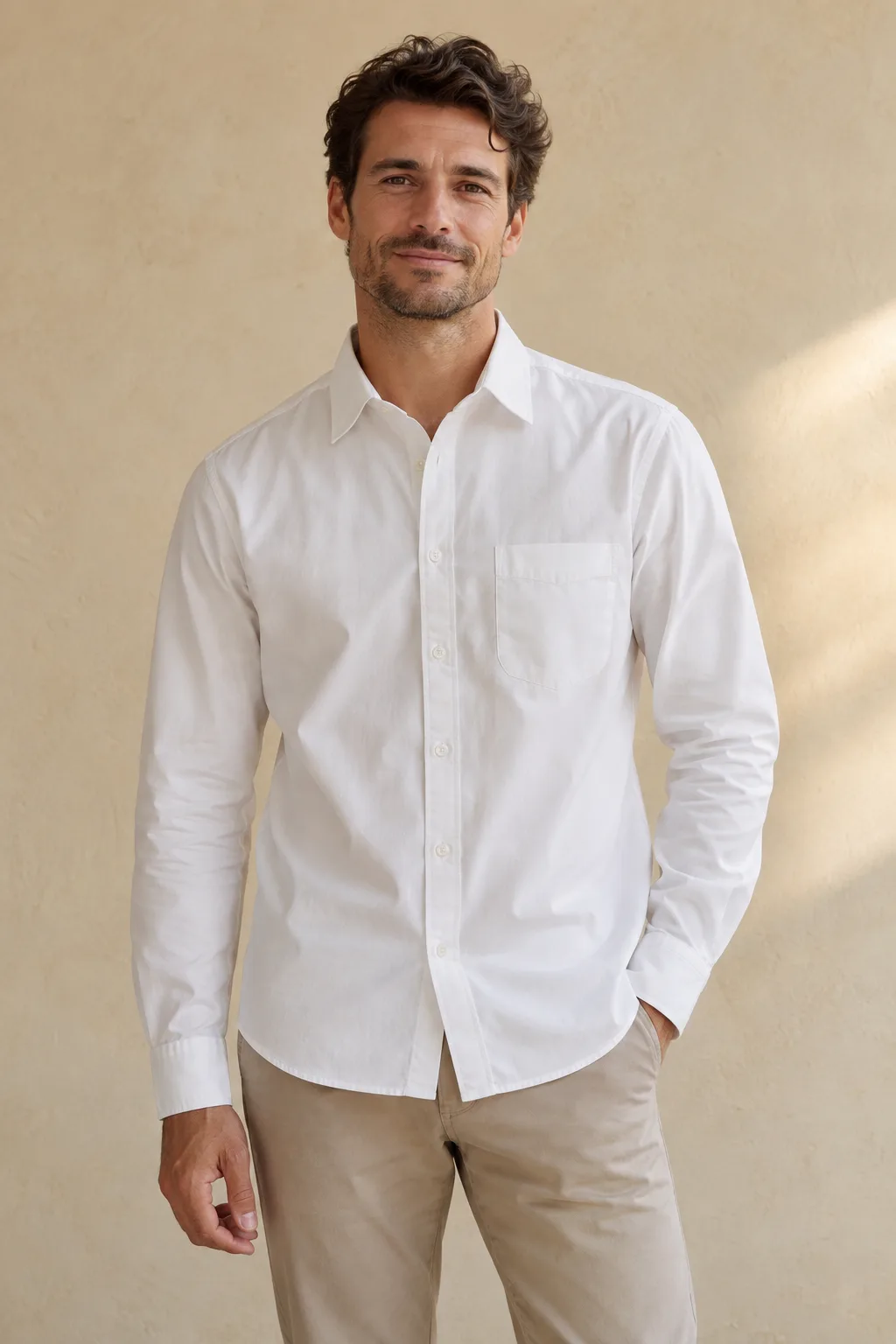 Man wearing a warm-white long-sleeved poplin shirt with a chest pocket