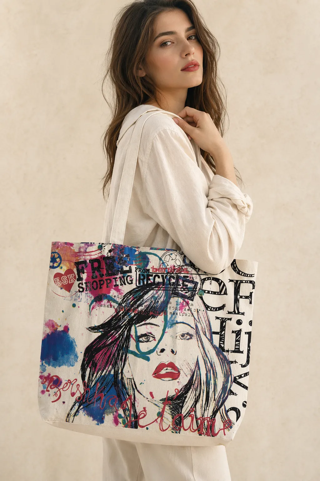 Promo bags natural graffiti face tote