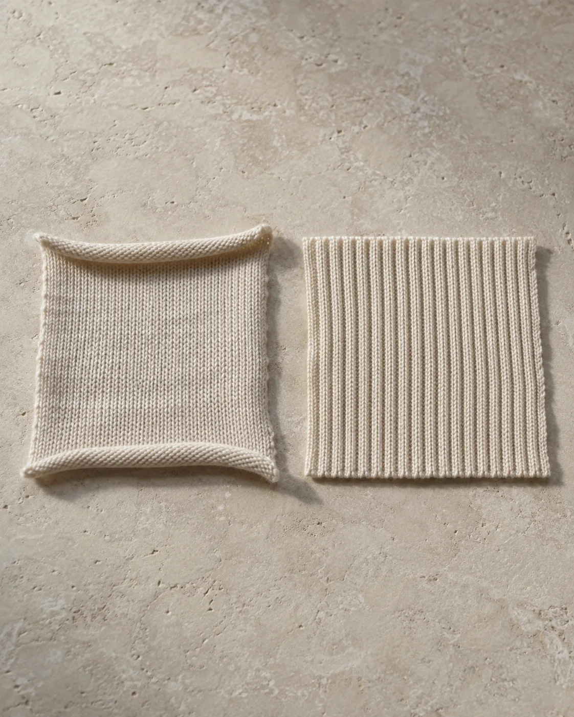 Two ecru knit swatches: single jersey with curled edges on the left, a flat vertical rib on the right