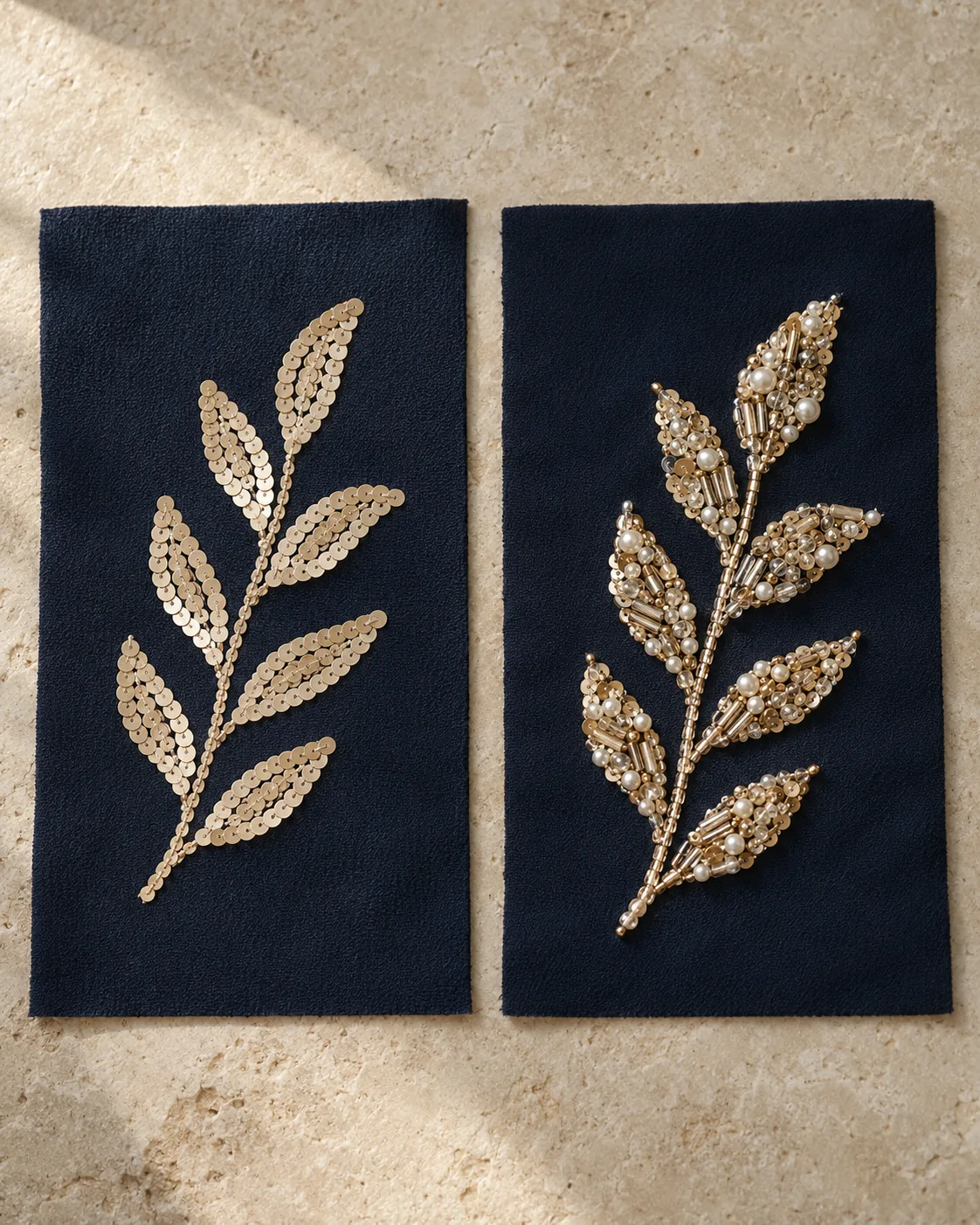 Champagne leaf motifs on navy crepe: sequins on the left, sequins with beads and pearls on the right