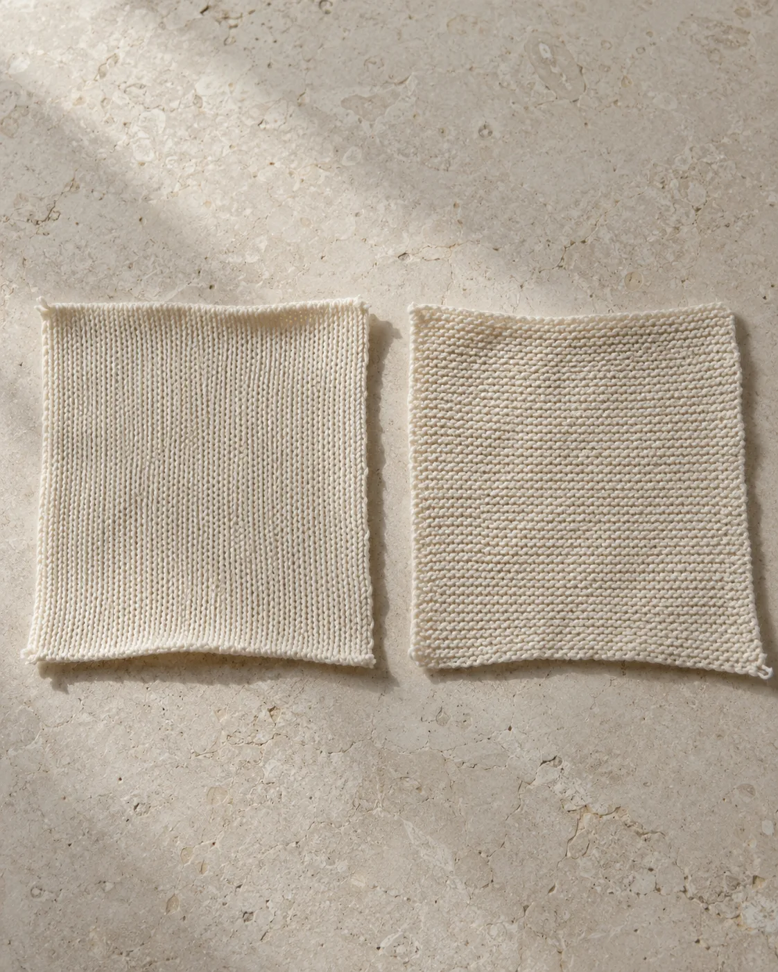 Two ecru jersey pieces with vertical loops on the face at left and horizontal loops on the back at right