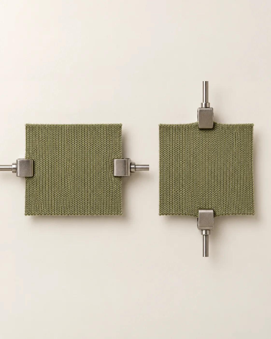 Two olive cotton/elastane jersey specimens, with side grips on the left and top and bottom grips on the right