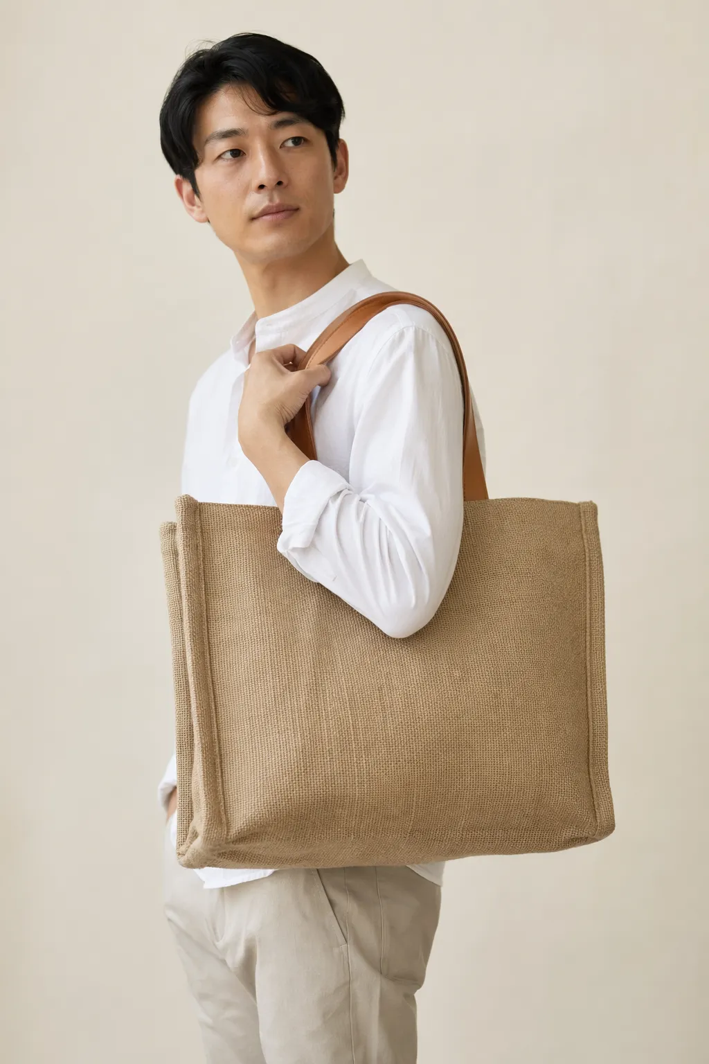 Totes jute market leather handle