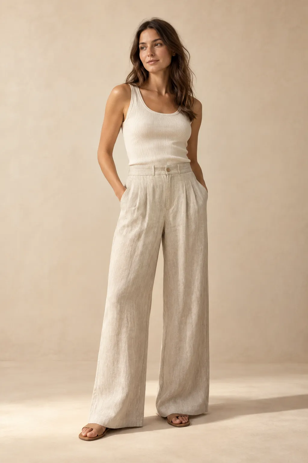 Trousers woman oatmeal wide leg linen