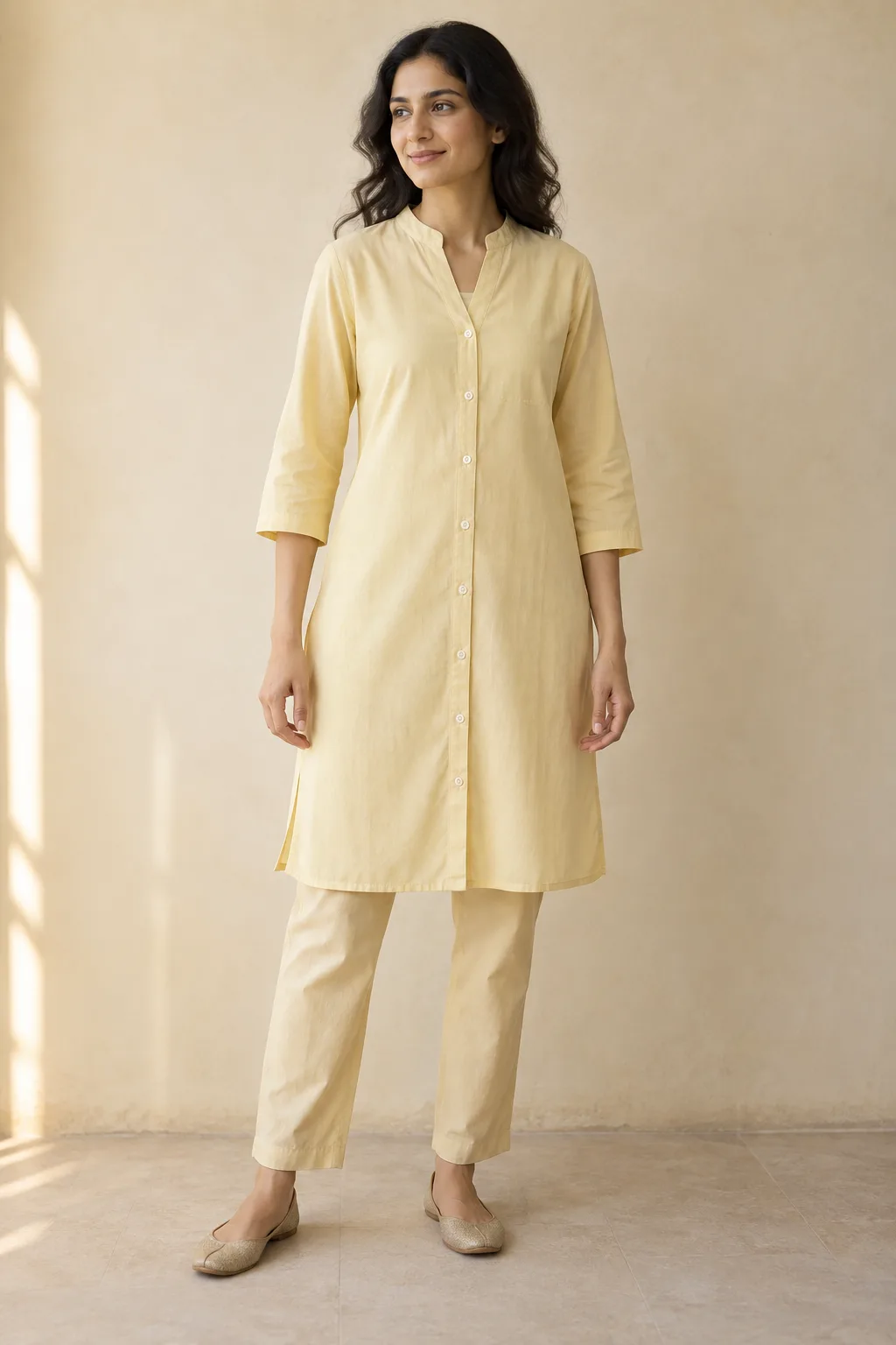 Pale straw cotton voile kurta with a button placket, worn over a separate tank