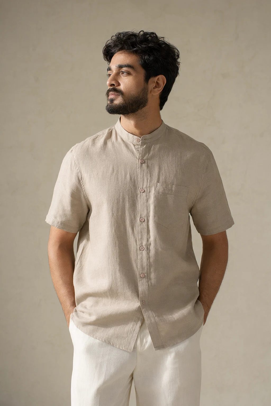 Woven man beige linen blend mandarin collar