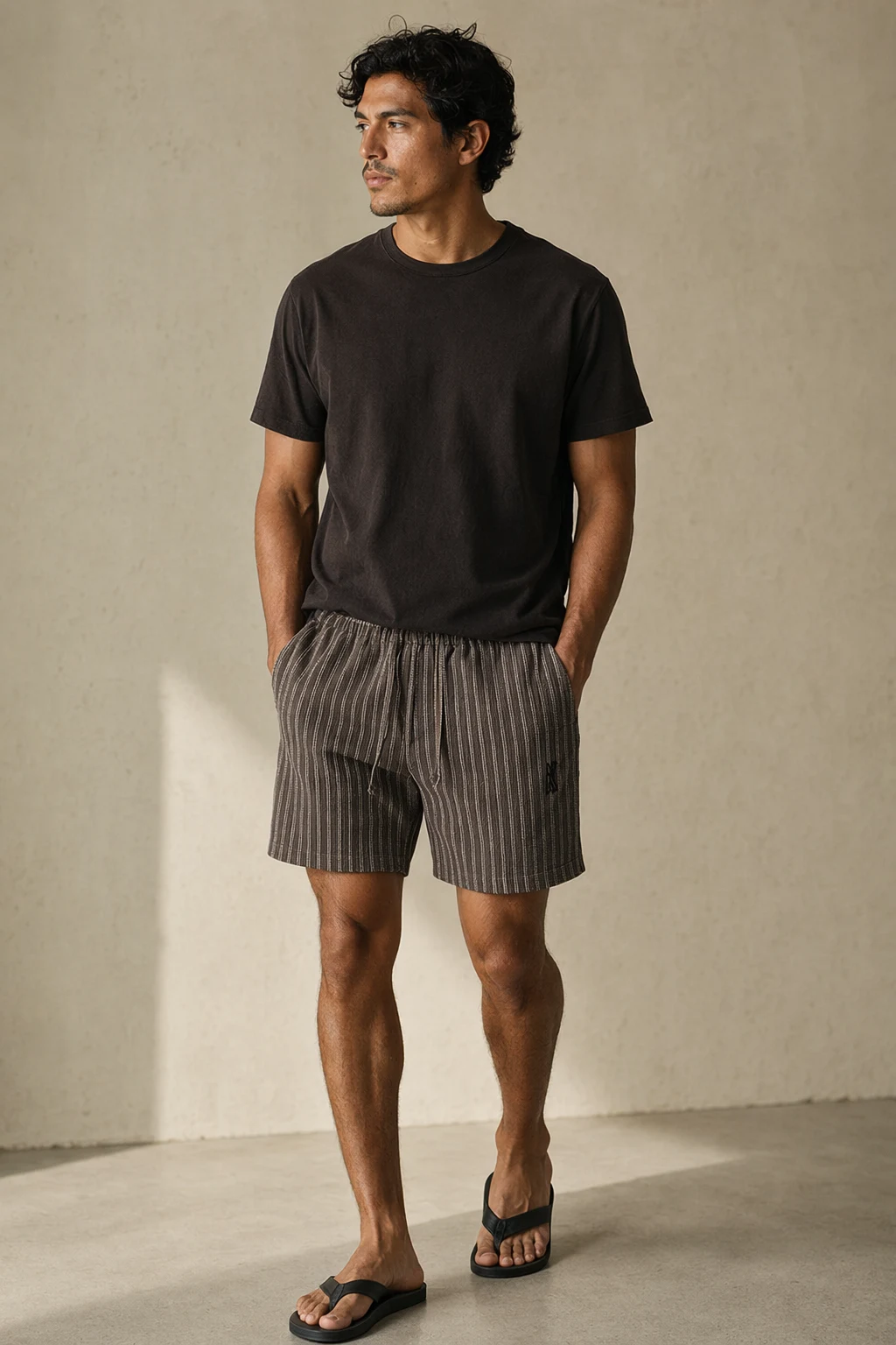 Woven man brown vertical stripe textured drawstring