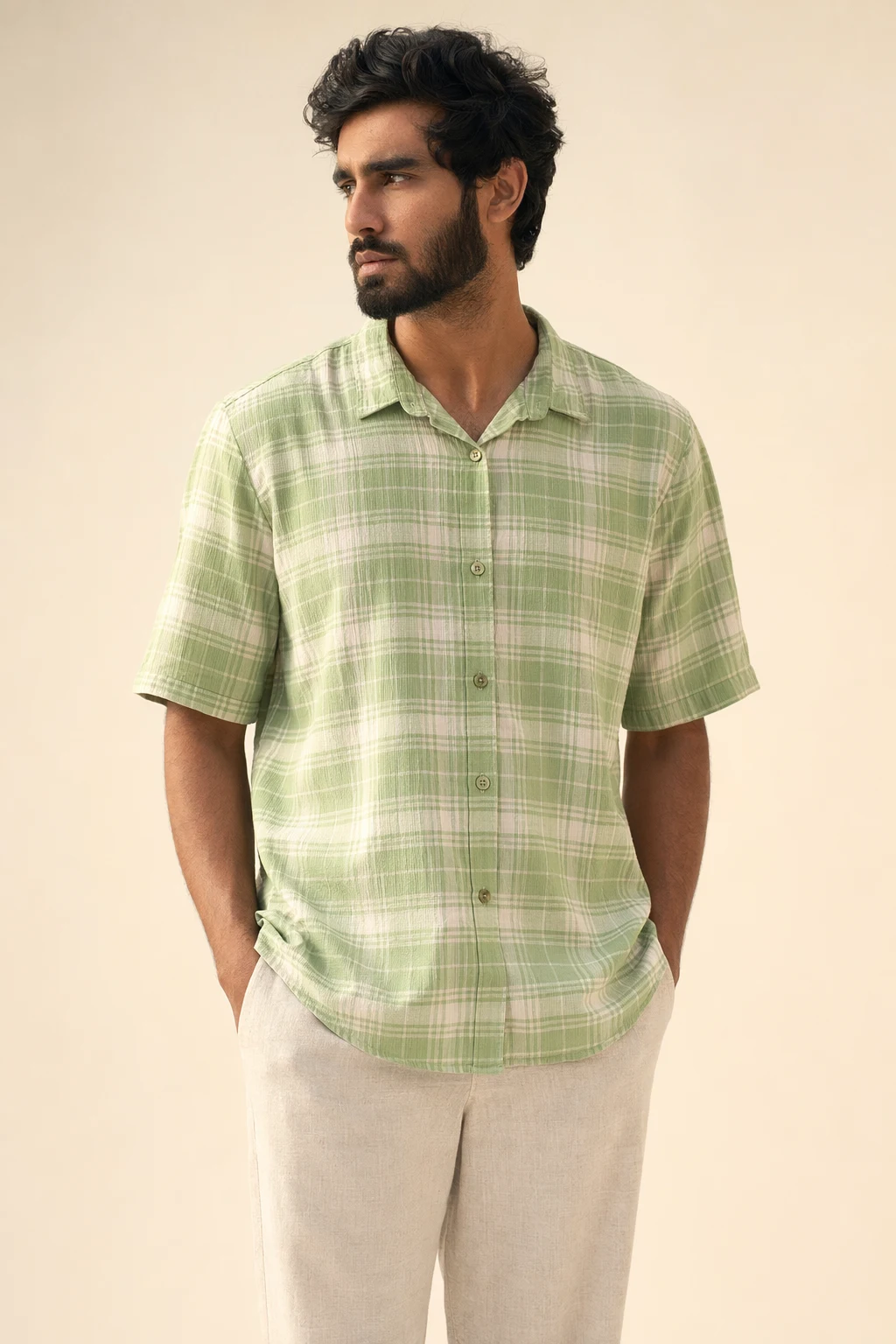 Woven man green plaid checked button up