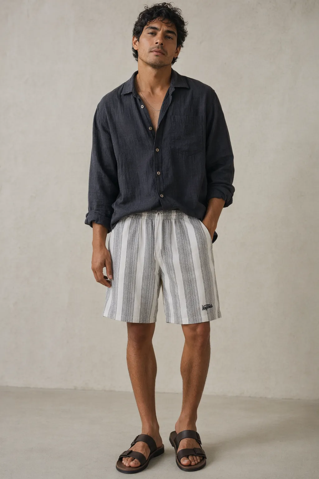 Woven man grey striped drawstring shorts