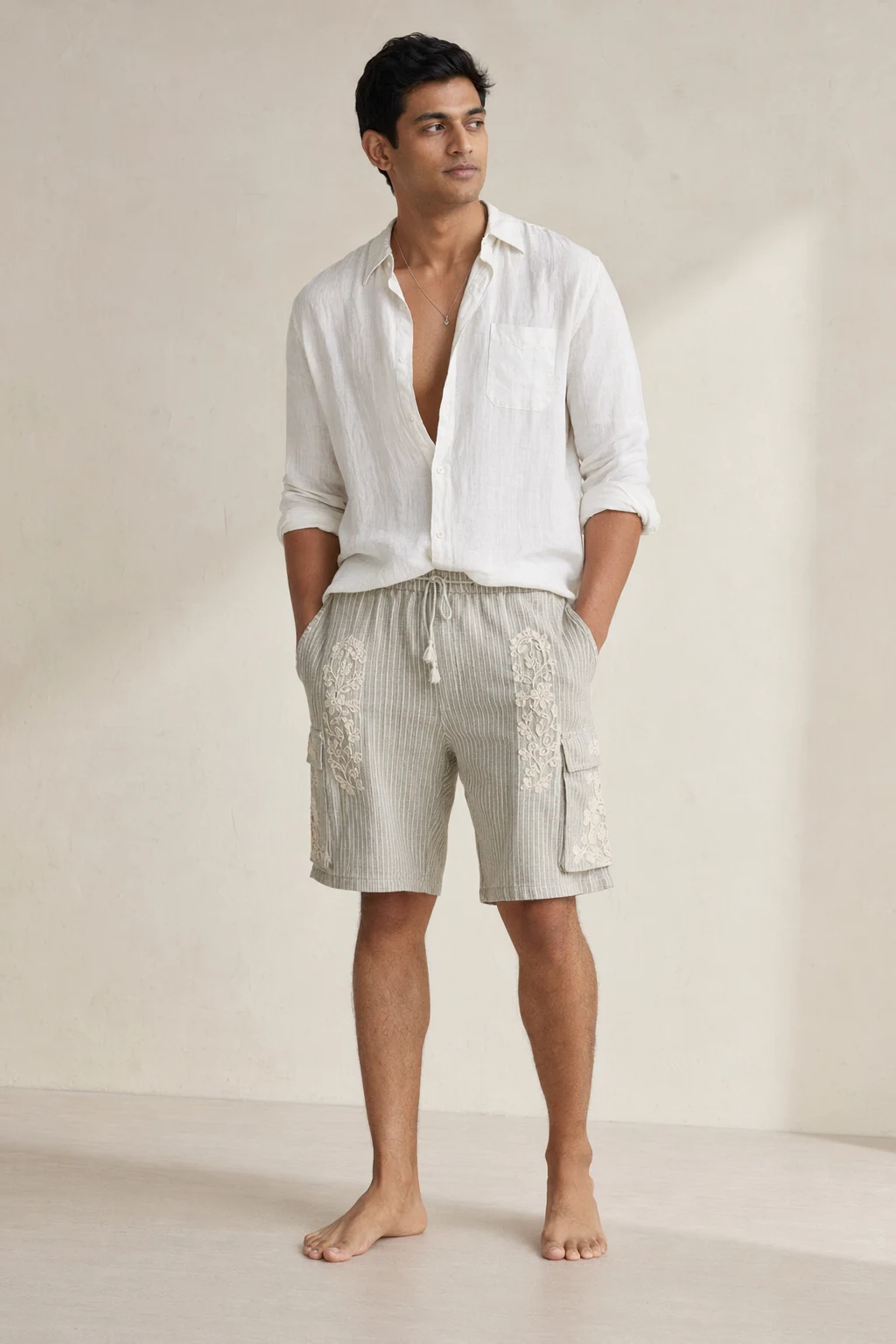 Woven man grey white vertical stripe drawstring