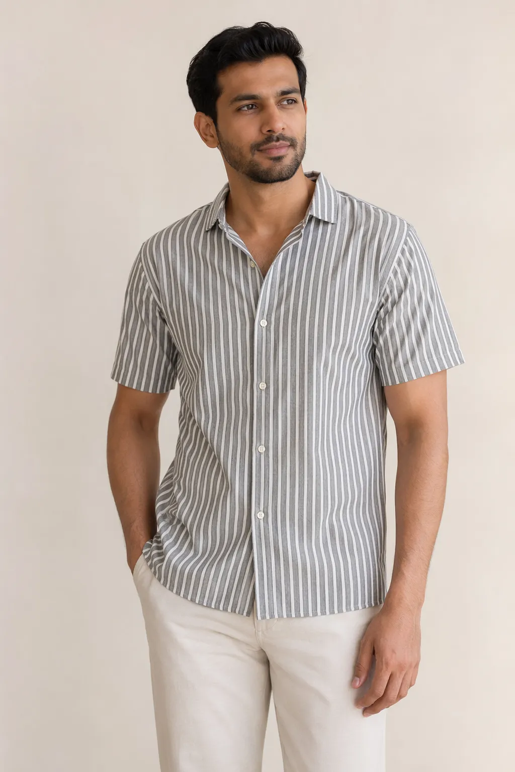 Woven man grey white vertical stripe woven