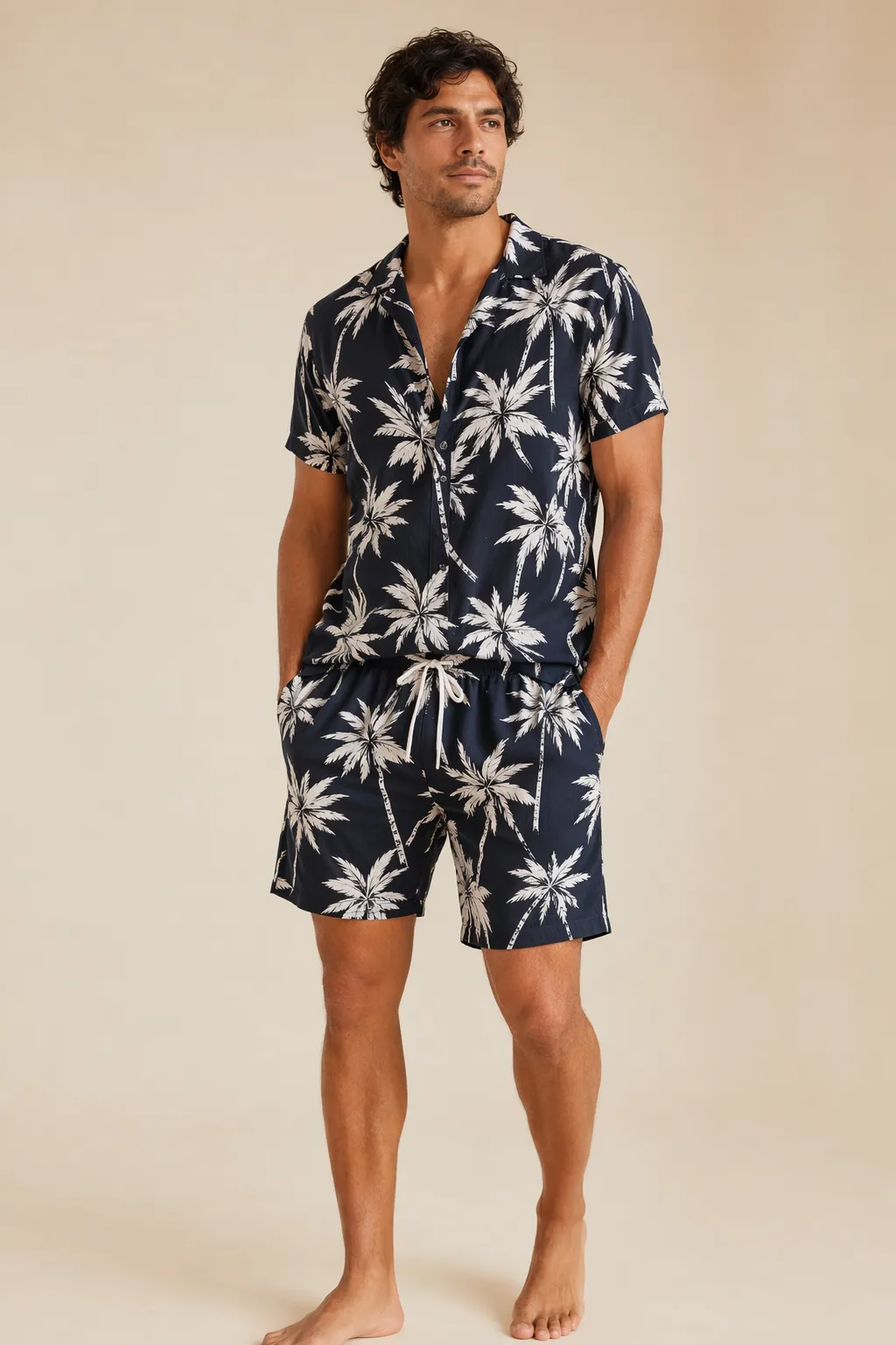 Woven man navy white palm tree print