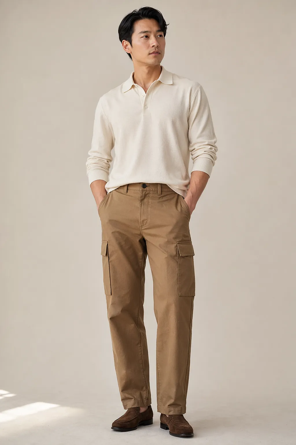 Woven man straight leg cargo trousers tan